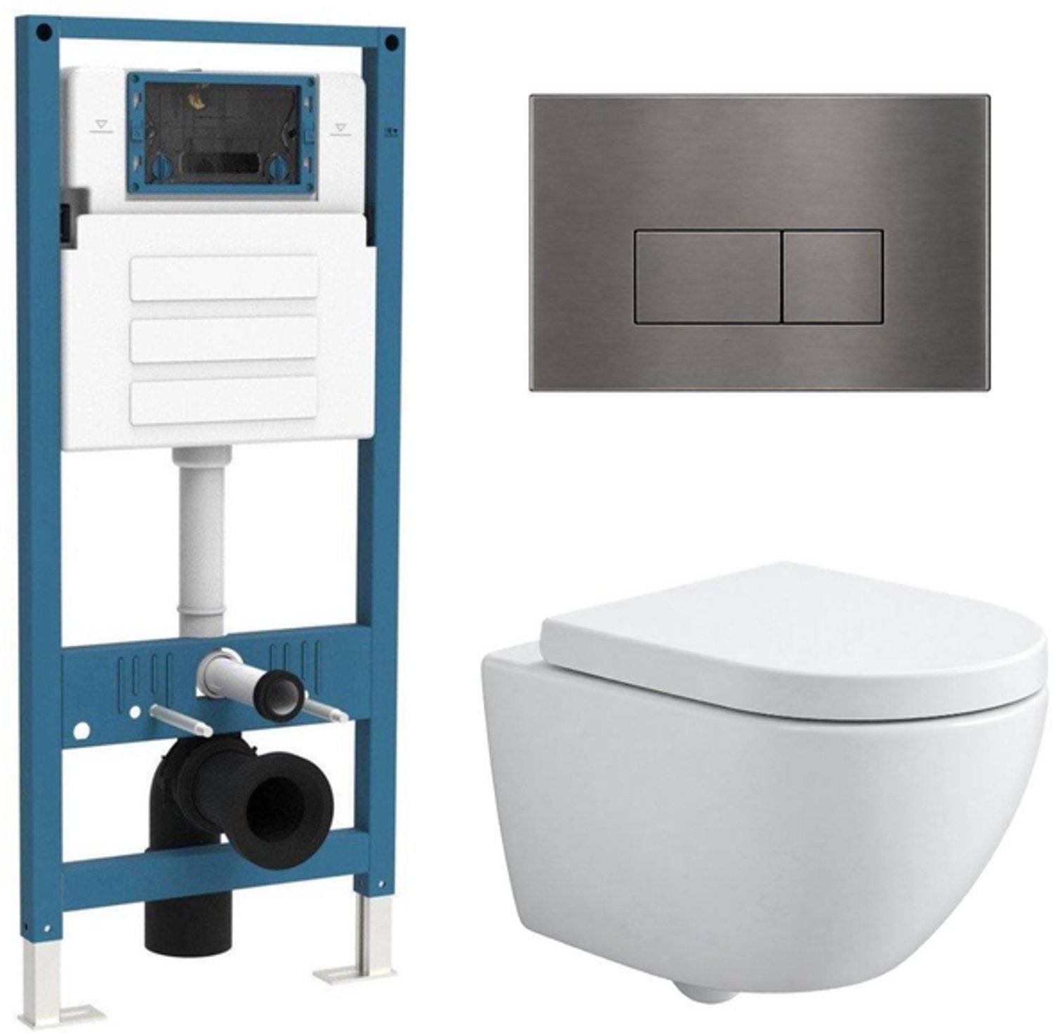 QeramiQ Dely Swirl Compact Toiletset - inbouwreservoir QeramiQ flush - 25mm zitting - metalen bedieningsplaat gunmetal - rechthoekige knoppen - mat wit