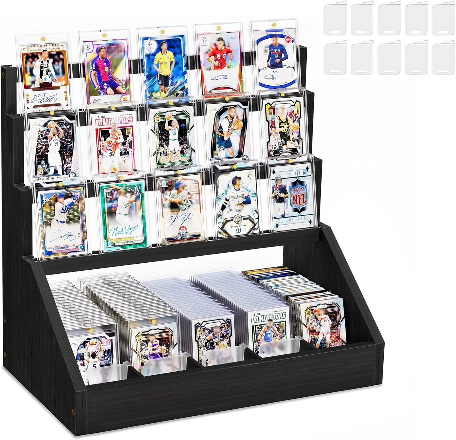Houten Displaystand voor Handelskaarten - 4-laags Kaartenhouder voor Sportkaarten, Verzamelkaarten en Tafelstandaard