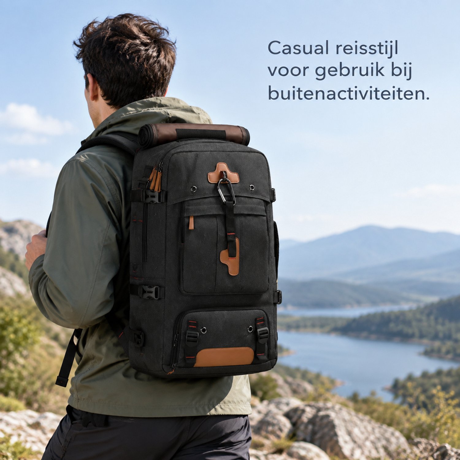 Rugzak - 28 × 17 × 53 cm - zwart - met gebogen schouderbanden