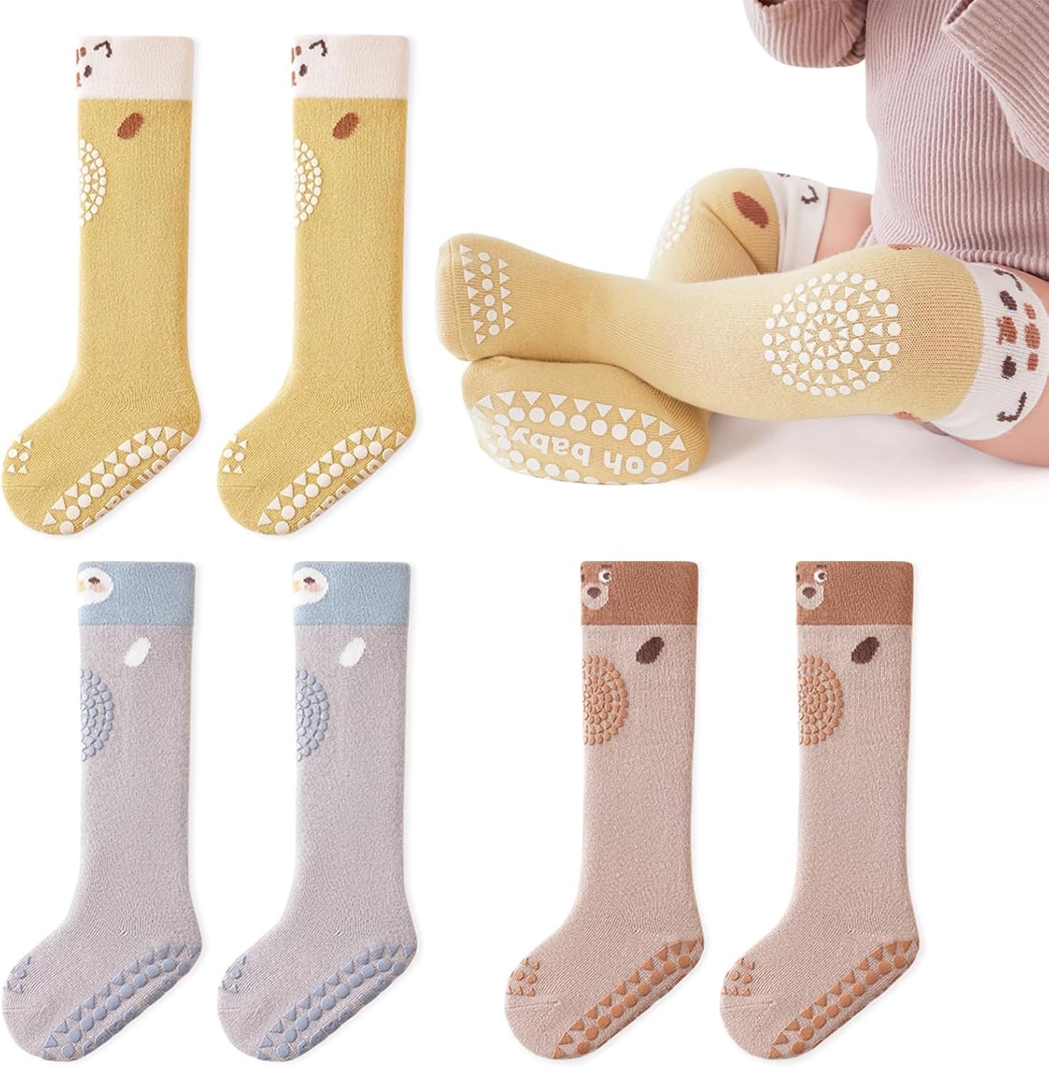 Comfortabele Antislip Kousen voor Kinderen - 3 Paar Baby Sokken met Grip voor Jongens en Meisjes, Ideaal voor Peuters en Baby's, Perfecte Katoenen Sokken voor Elke Gelegenheid