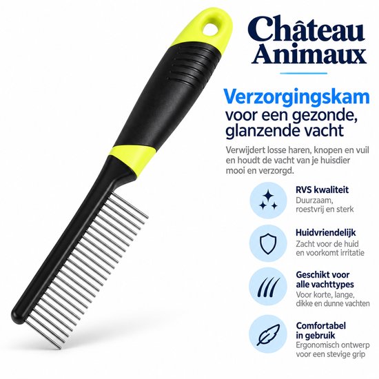 Zwarte en gele kam met RVS tanden en ergonomisch handvat. Verwijdert losse haren, klitten en vuil voor een gezonde vacht.