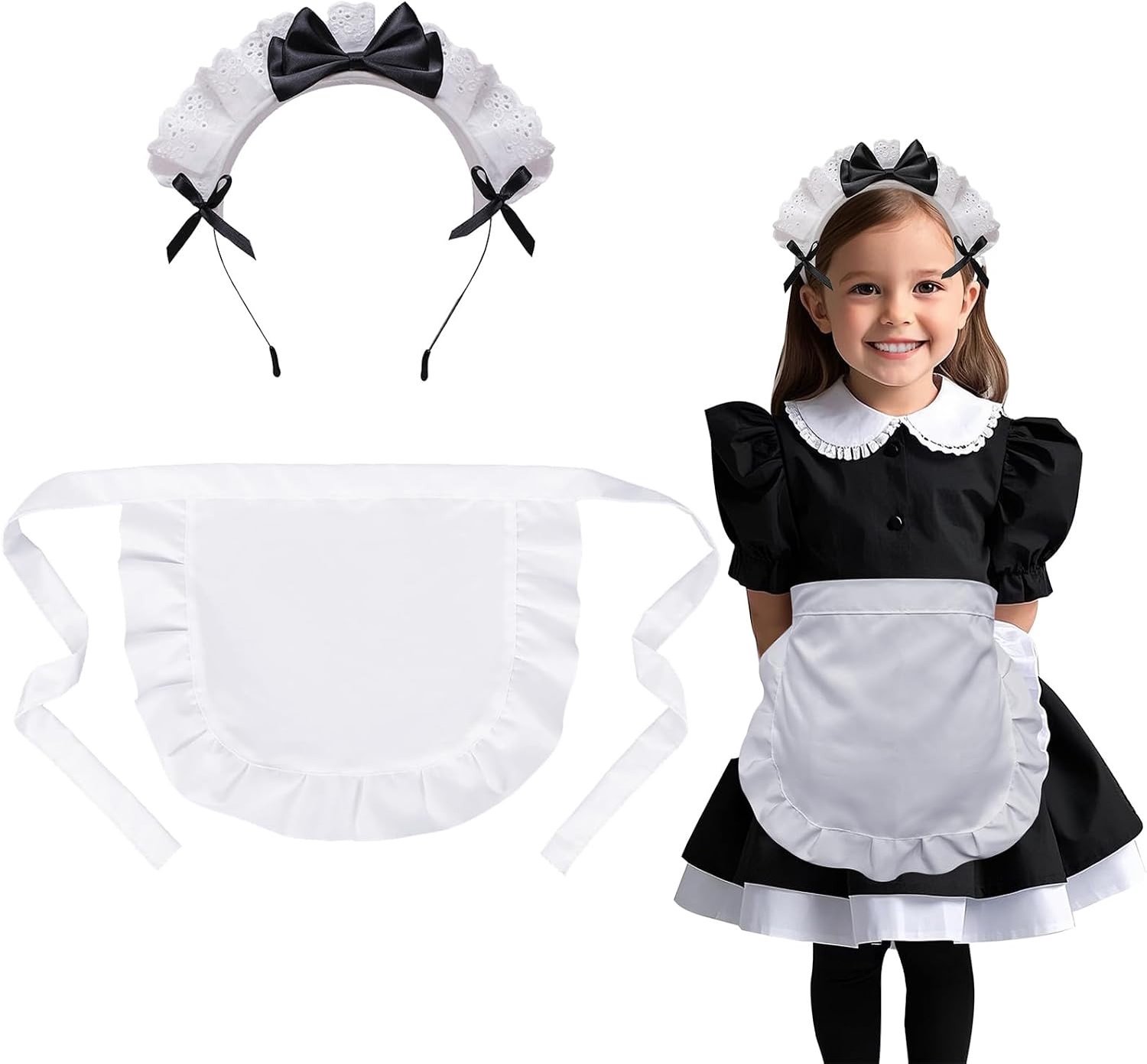 Multifunctionele Kinderschort voor Koken met Taille Plissé en Hoofdband, Retro Witte Schort voor Keuken en Kostuumfeest voor Meisjes van 7-10 Jaar