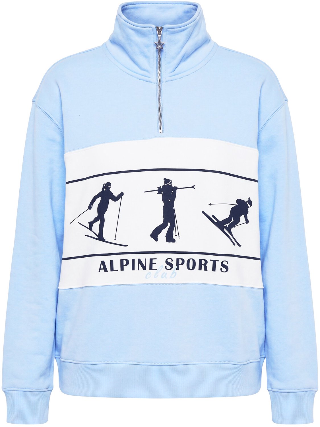 Ulla Popken - Dames - sweatshirt ski-motieven oversized troyerkraag lange mouwen - Lichtgrijs blauw - Maat 54+
