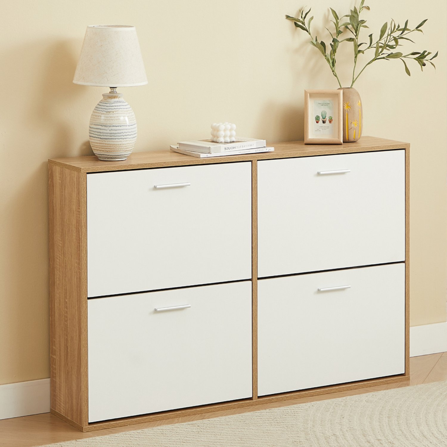 CASABEL Schoenenkast met 4 neerklapbare deuren - Design schoenenkast - Opbergmeubel voor de hal met ruimte voor 24 paar schoenen - Houten frame - Witte neerklapbare deuren