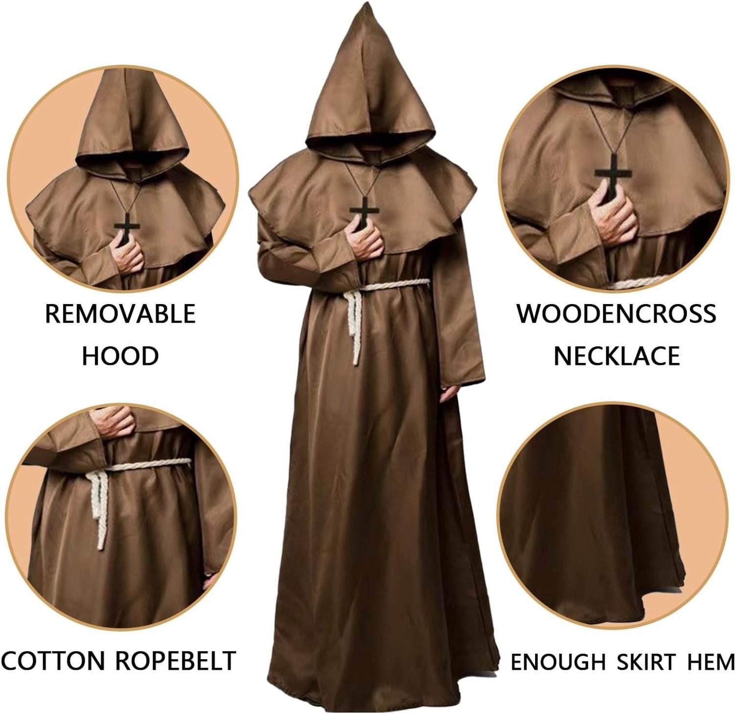 Monnikspij voor Mannen, Priester Kostuum met Kap en Kruis, Geschikt voor Halloween, Carnaval en Middeleeuwse Feesten