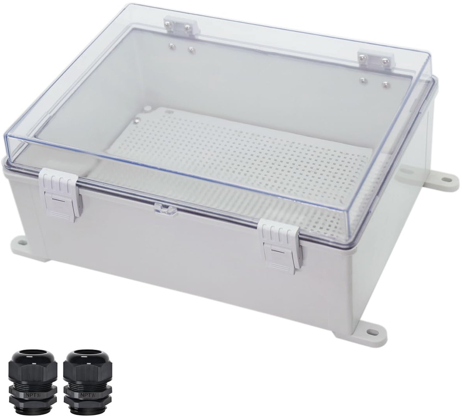 Zulkit Aansluitdoos ABS kunststof waterdicht IP65 elektrische dozen scharnierende shell doorzichtige cover outdoor universele projectbehuizing met montageplaat en muurbeugels 400 x 300 x 180 mm