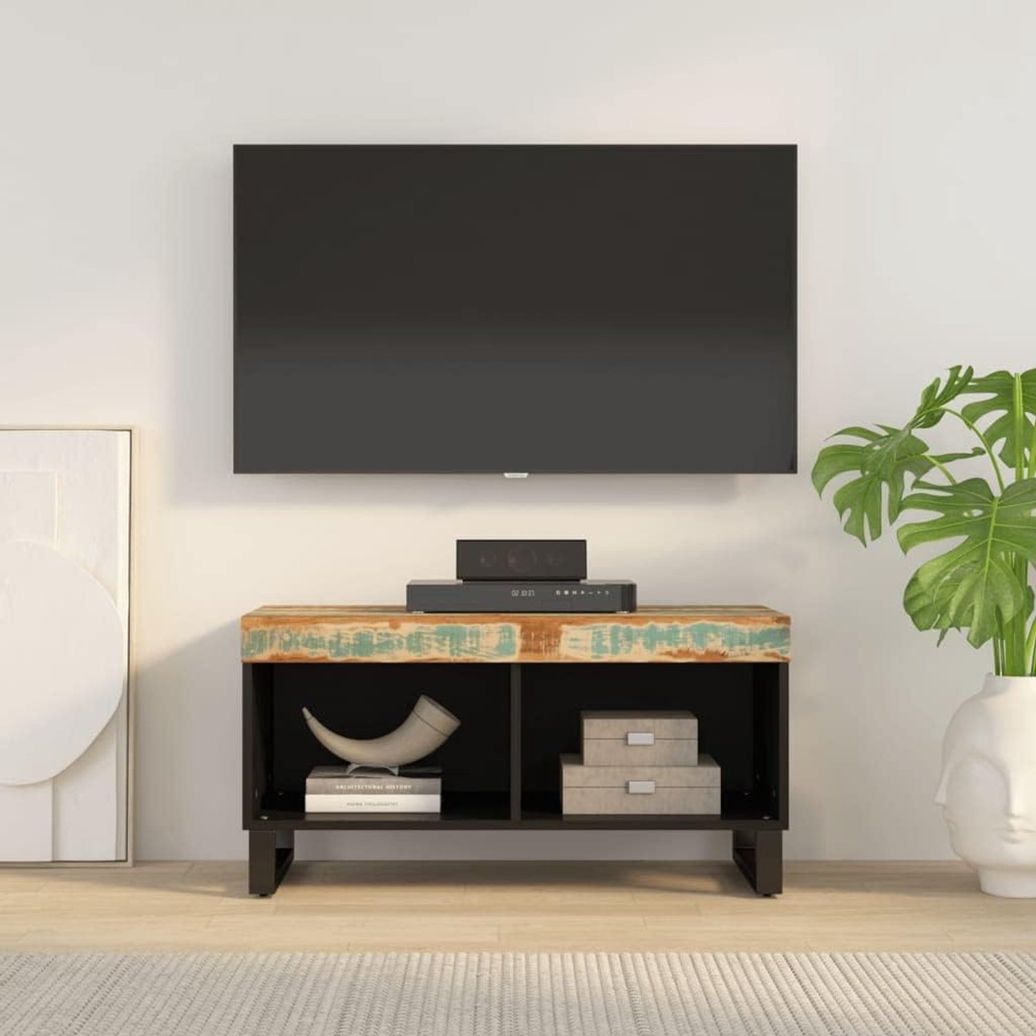 TV-kast van gerecycled massief hout met ijzeren poten, lowboard in industrieel design voor woonkamer, 85 x 33 x 43,5 cm