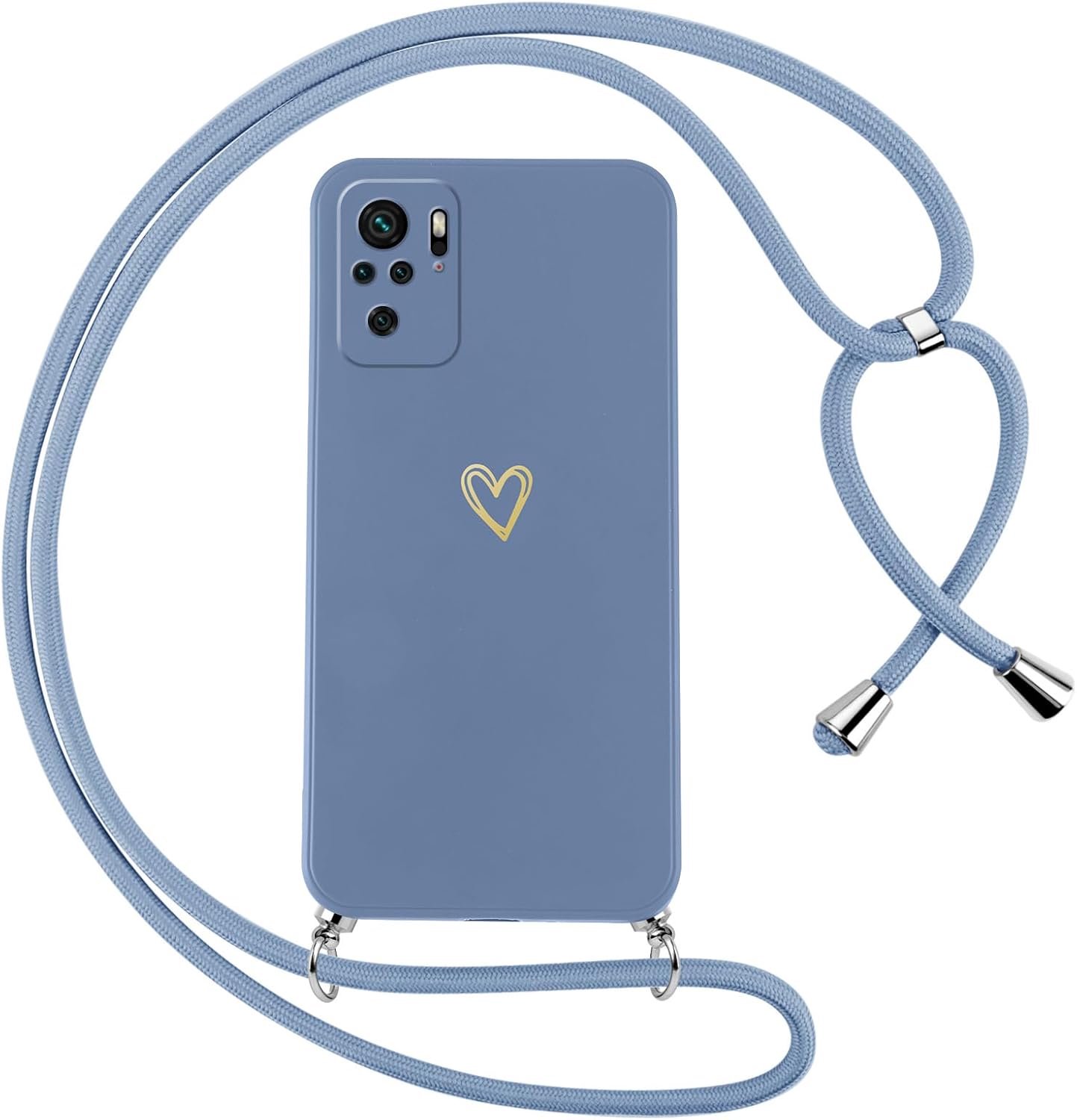 Beschermhoes voor Xiaomi Redmi Note 10S 4G met halsketting, zachte siliconen hoes met hartpatroon en draagbaar, verstelbaar koord, schokbestendig, valbestendig, schouderriem, blauw