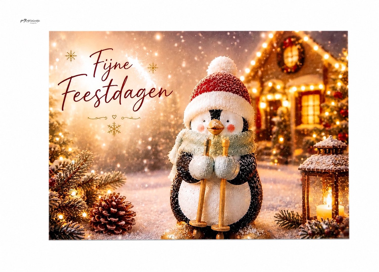 Kleintje fotografie pinguïn winterlandschap fijne feestdagen kerstwenskaart