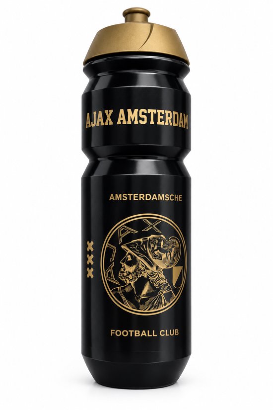 Zwarte Ajax bidon met gouden opdruk: AJAX AMSTERDAM, AMSTERDAMSCHE, XXX en een oud logo met een ridder.