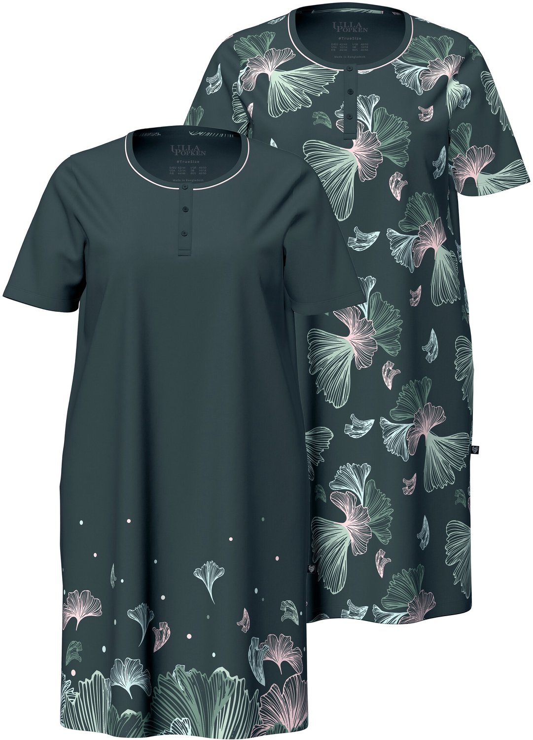 Ulla Popken - Dames - Bigshirts set van 2 ginkgo ronde hals korte mouw - Donkergrijsgroen - Maat 58+