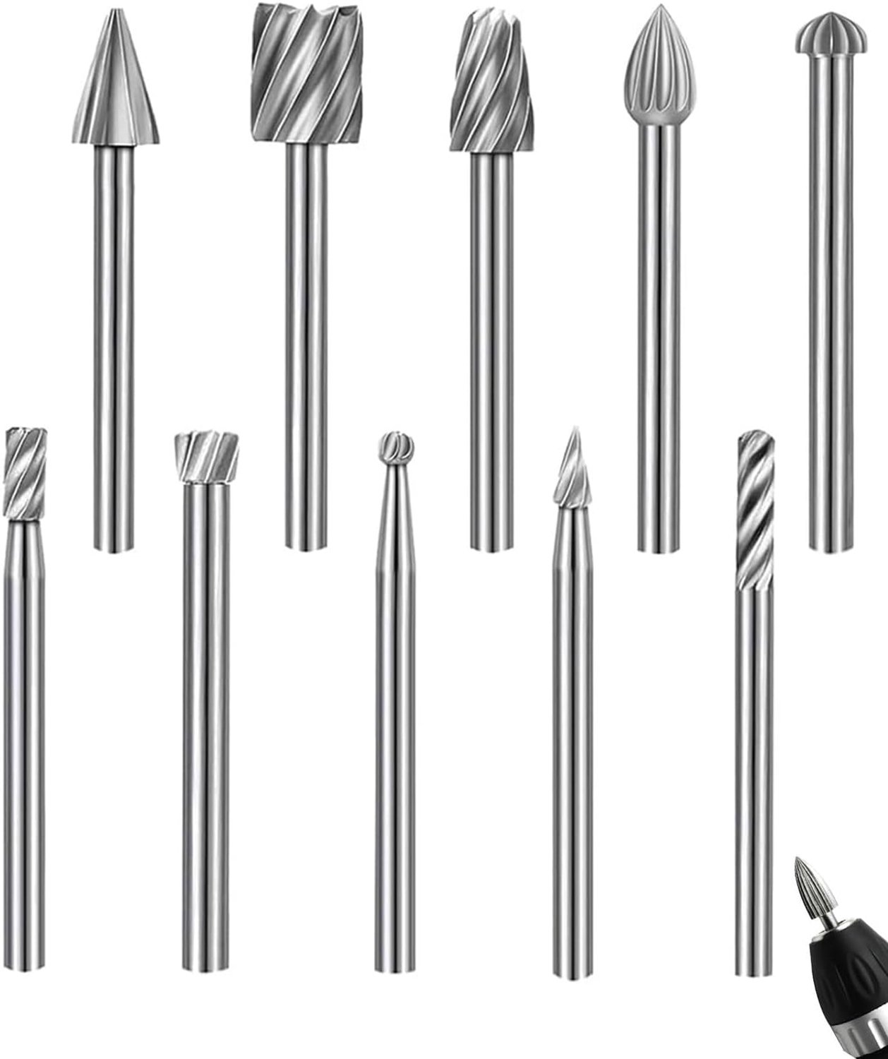 Set van 10 roterende frezen van wolfraamcarbide voor hardmetaal en hout, 3 mm schacht, voor snijden, slijpen, polijsten, compatibel met gereedschap voor metaalbewerking en houtbewerking