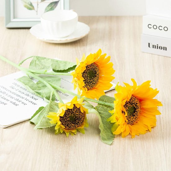 Real Touch Kunstmatige Zonnebloem met Stengels voor Huisdecoratie, Perfect voor Balkon en Eetkamers, Gemakkelijk Te Buigen Om in Elke Vaas Te Passen Materiaal: Zijden Doek (7 filiaal) — afbeelding 3