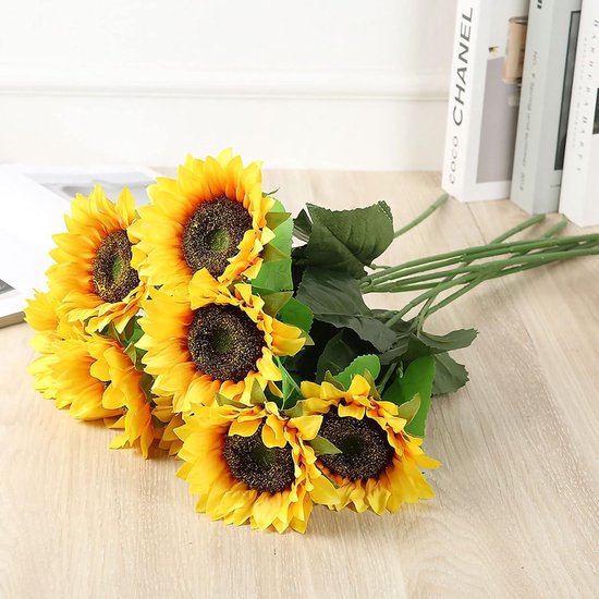 Real Touch Kunstmatige Zonnebloem met Stengels voor Huisdecoratie, Perfect voor Balkon en Eetkamers, Gemakkelijk Te Buigen Om in Elke Vaas Te Passen Materiaal: Zijden Doek (7 filiaal) — afbeelding 4