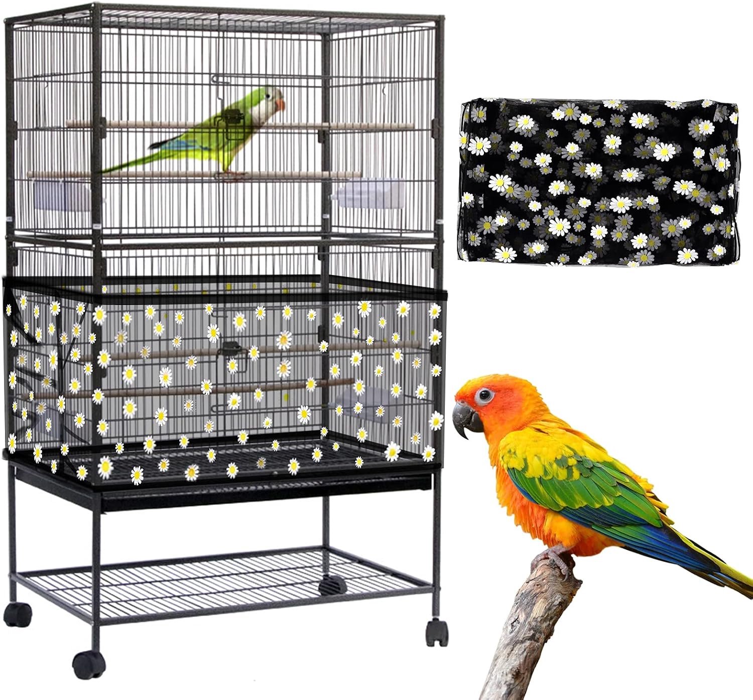 Daoeny Grote vogelkooihoes, vogelkooi zaadvanger, verstelbaar zacht nylon gaas net met madeliefjespatroon, vogelkooihoes, rok, zaadbeschermer voor papegaai, parkiet ara ronde vierkante kooien (zwart)