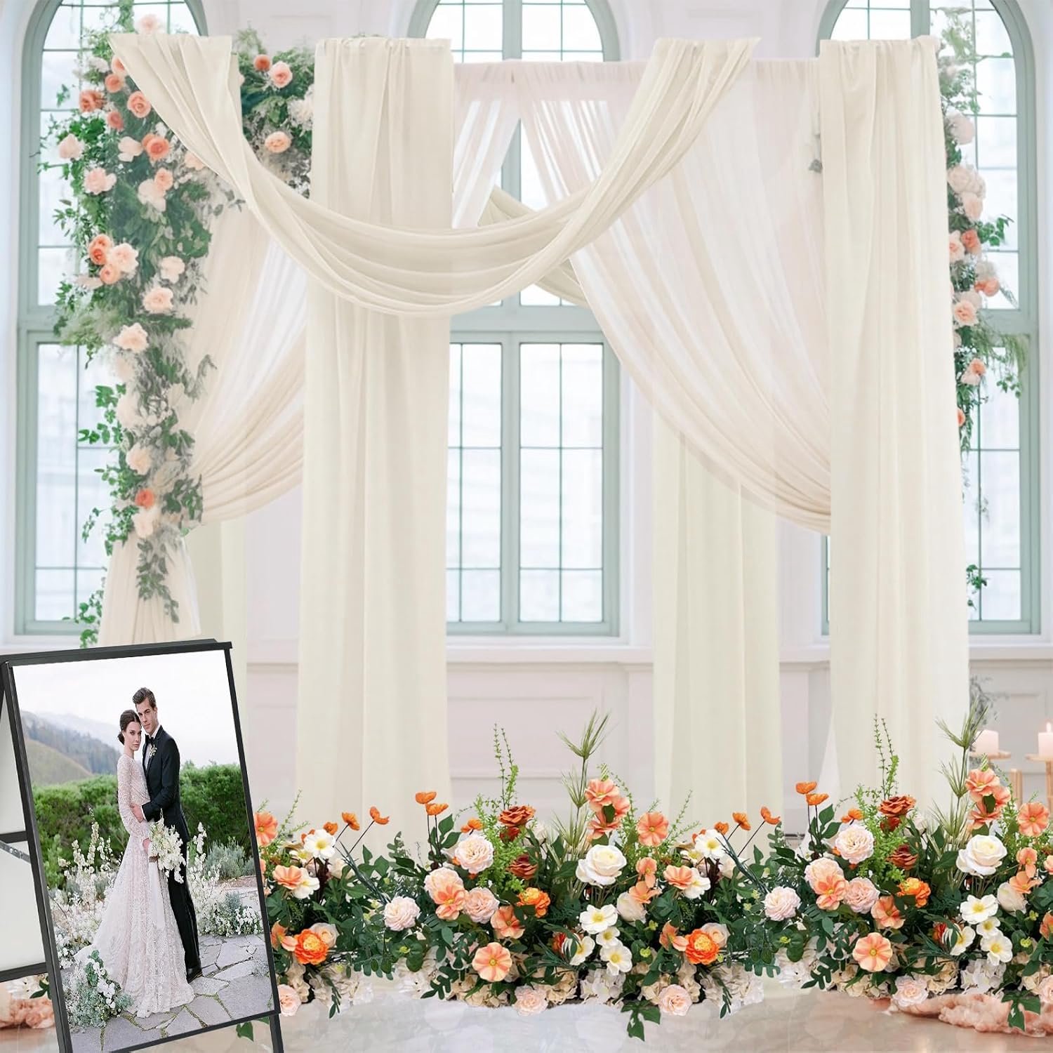 Trouwboog, 2 stuks, dwarsgordijnen, 75 x 600 cm, doorschijnende gordijnen, achtergrond, bruiloft, tule, chiffon, voile huwelijksaanzoek, decoratie voor fotografie, feest, bruiloft (wit)