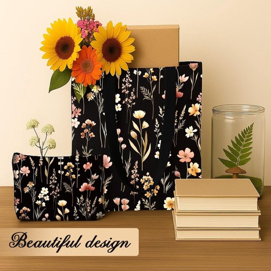 2 stuks canvas draagtas voor dames met make-uptas, skelet, zon en maan, wilde bloemen, herbruikbare boodschappentas, esthetische boodschappentas voor sportschool — afbeelding 4