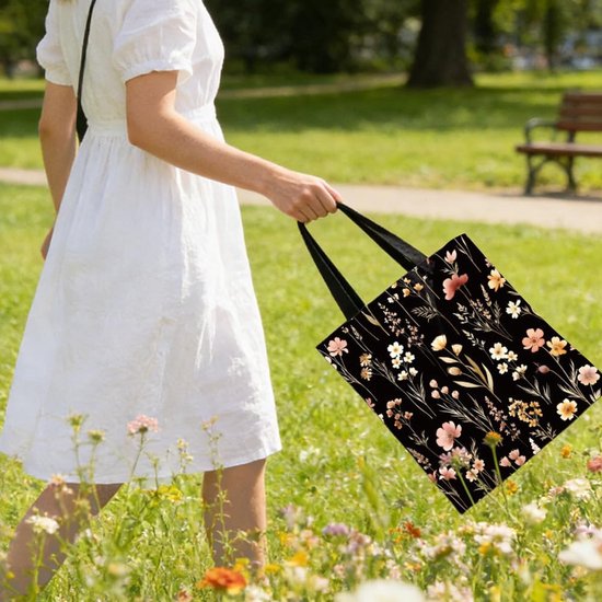 2 stuks canvas draagtas voor dames met make-uptas, skelet, zon en maan, wilde bloemen, herbruikbare boodschappentas, esthetische boodschappentas voor sportschool — afbeelding 3
