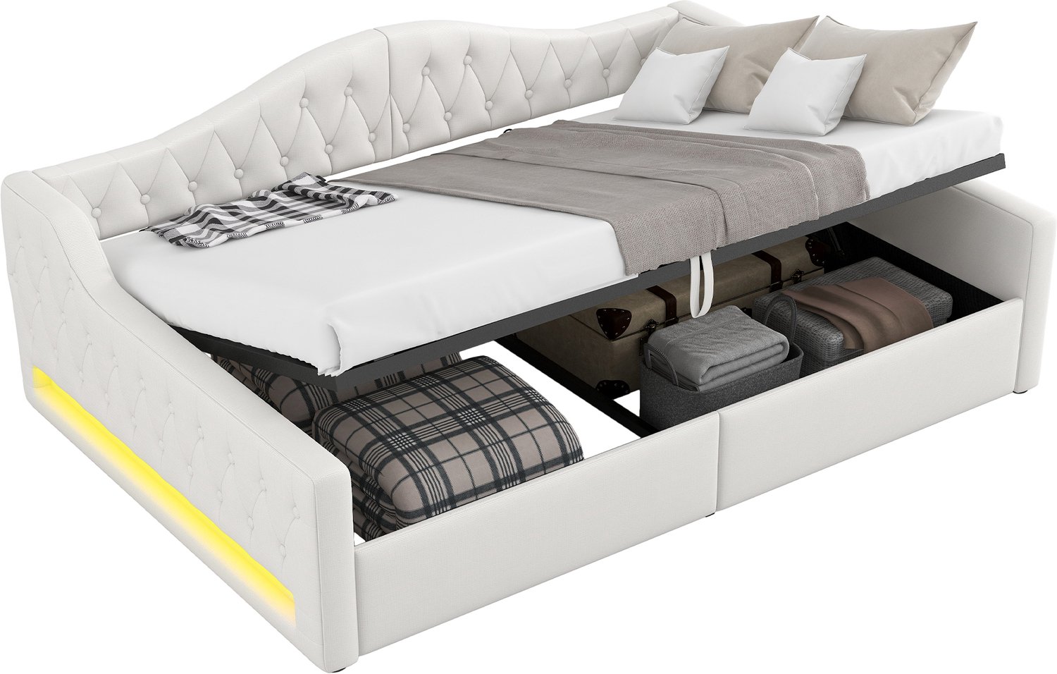MUVANO Gestoffeerd dagbed 140x200 - opbergruimte onder het bed - LED-verlichting in 7 kleuren - linnen bekleding - beige - voor slaapkamer en logeerkamer