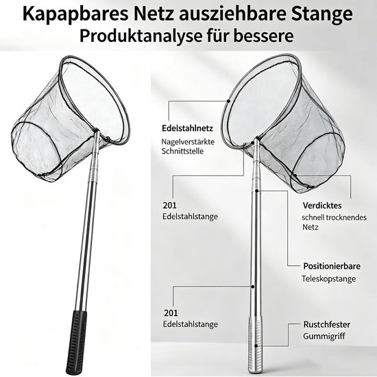 Visschepnet vissen, 180 cm lange handgreep, telescopisch visnet met visnet, telescopisch schepnet met rubber, vijvernet, visaccessoires voor volwassenen en kinderen — afbeelding 4