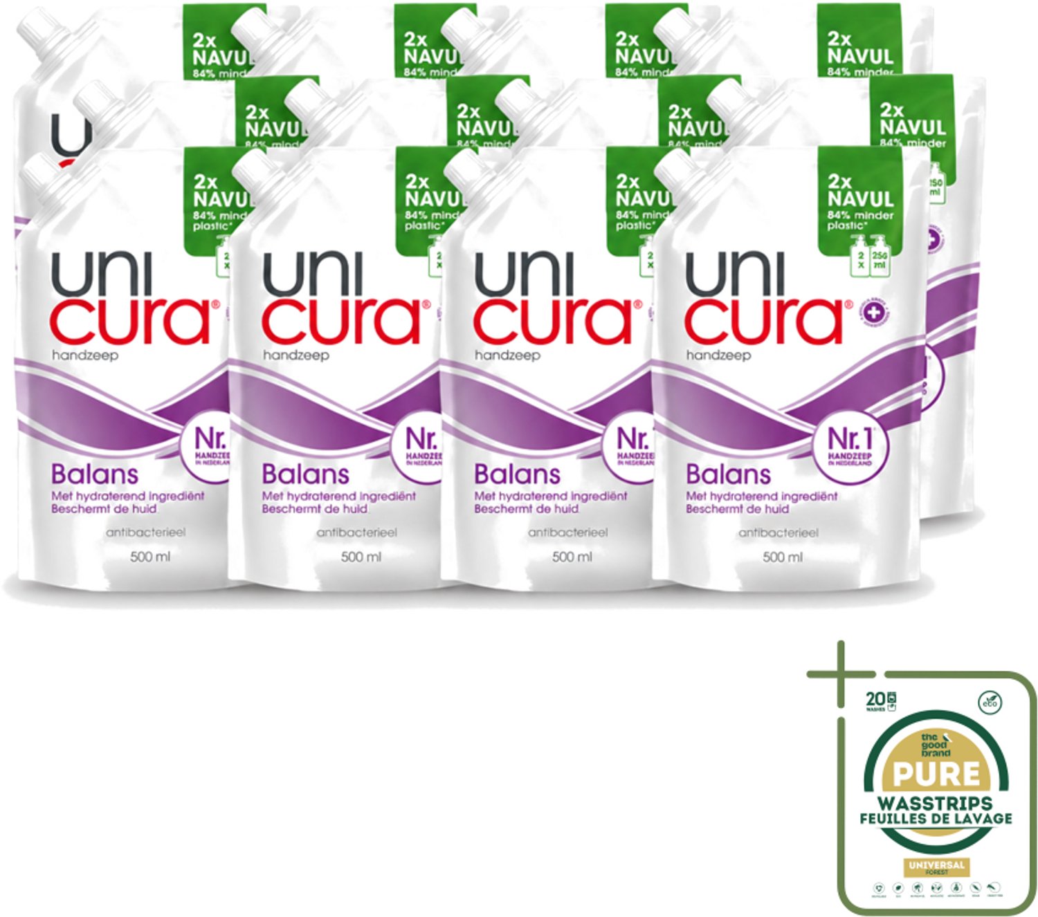 12 x Unicura – Vloeibare Handzeep Navulling – Balans – 500 ml - Wasstrips - Handzeep - Antibacterieel - Zeep Navulling - Huidbescherming - Zeep Voor Huid