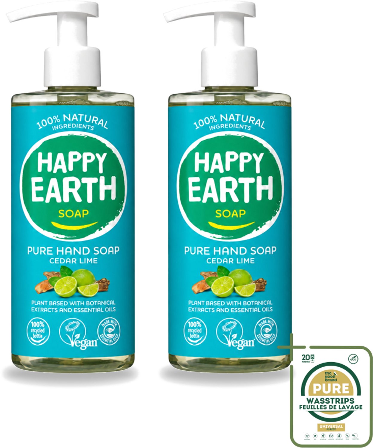 2 x Happy Earth – Handzeep – 100% Natuurlijk Cedar Lime – 300 ml - Wasstrips - Natuurlijke Handzeep - Ceder En Limoen - Handzeep Vegan - Handzeep Antibacterieel - Handzeep Voor Huid