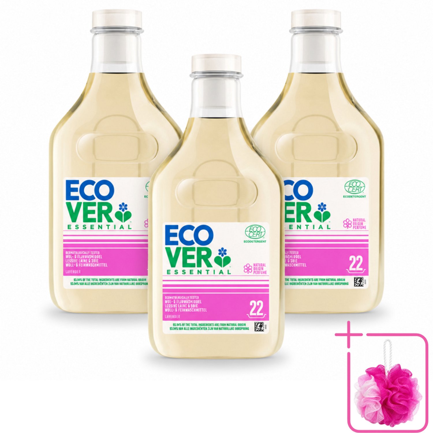 3 x Ecover - Vloeibaar wasmiddel Essential - Wol & Fijnwas - 1 liter - 22 wasbeurten - Bulkverpakking - Wasmiddel voor wol - Douchemop - Wasmiddel voor zijde