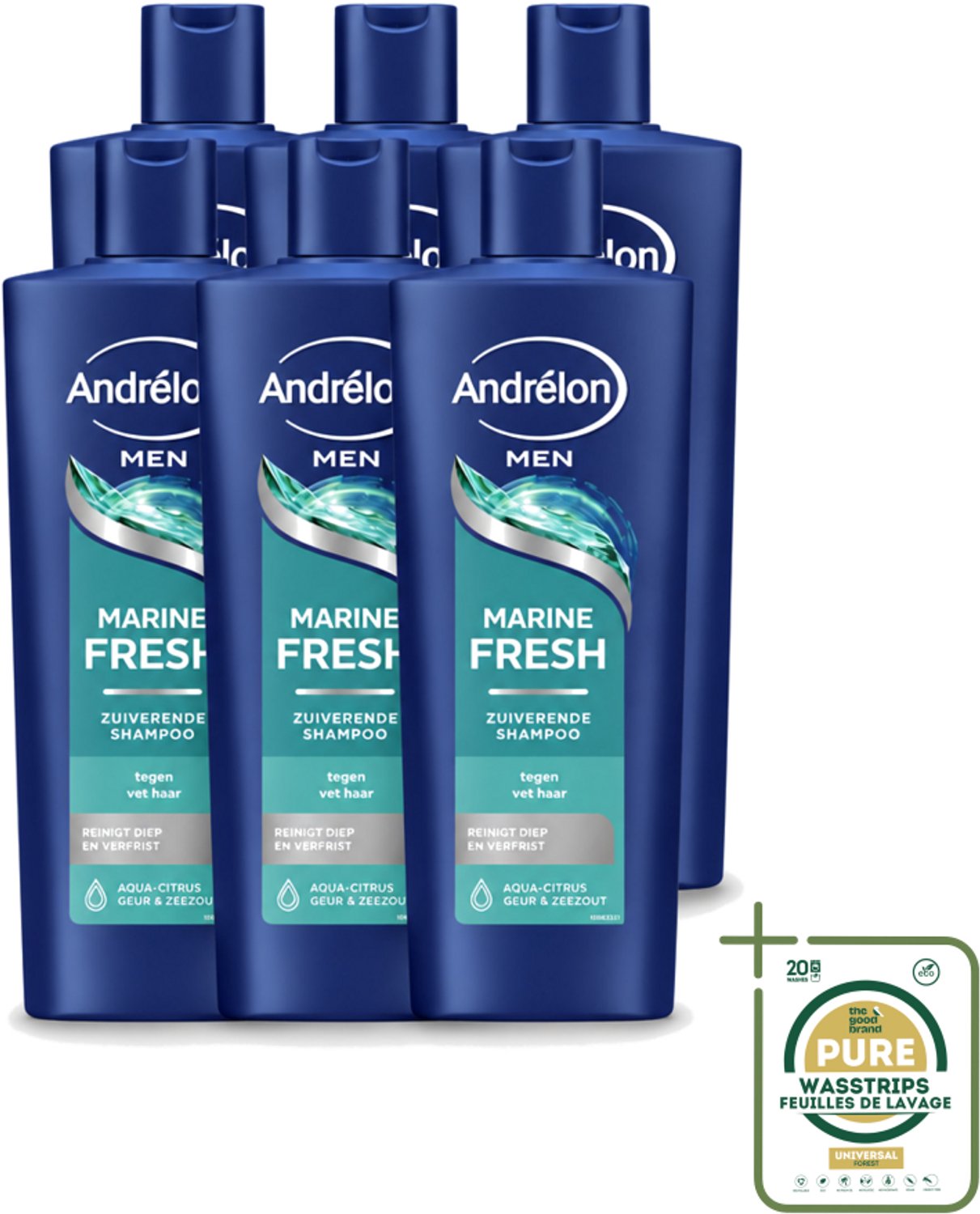 6 x Andrélon – Shampoo – Marine Fresh Men – 400 ml - Wasstrips - Manen Haar Reinigen - Vet Haar Reinigen - Stylingresten Verwijderen - Krachtig Shampoo - Zeezout Shampoo