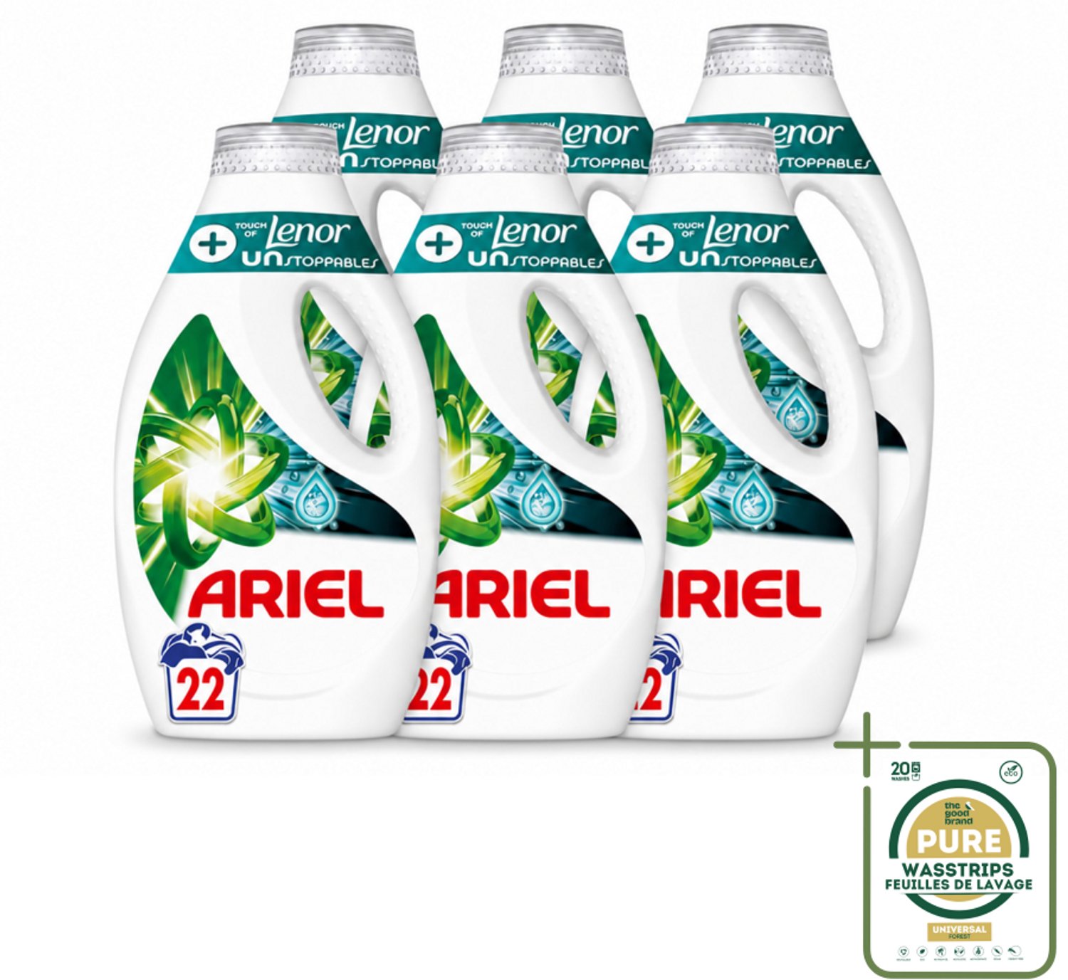 6 x Ariel – +Touch van Lenor Unstoppables – Vloeibaar Wasmiddel – 990 ml - Wasstrips - Vloeibaar Wasmiddel - Krachtige Reiniging - Frisheid - Vlekverwijdering - Kleding Reinigen