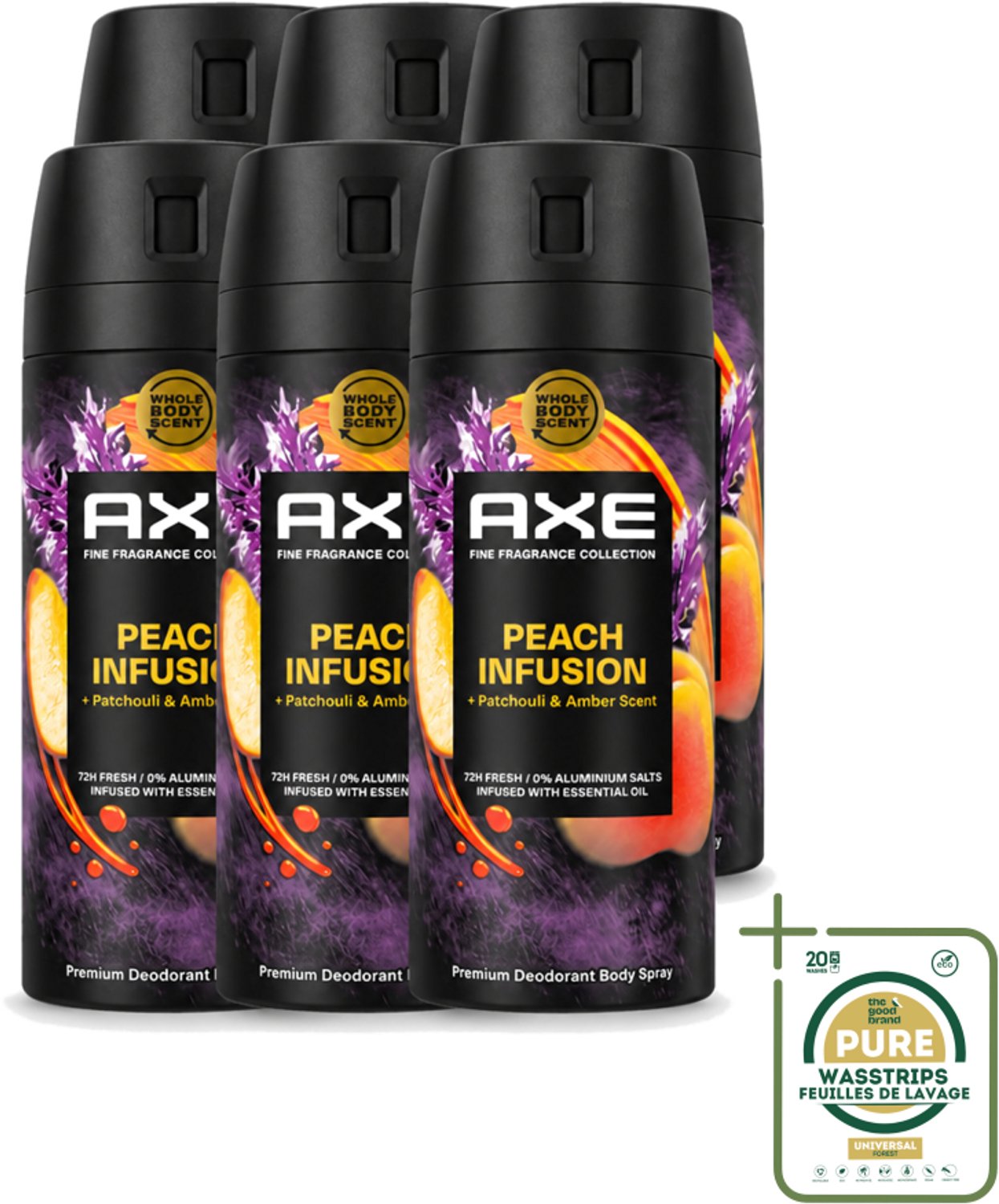6 x Axe – Deodorant – Peach Infusion – 150 ml - Wasstrips - Deodorant - Bodyspray - Lichaamsgeur - Anti-perspirant - Patchoeli