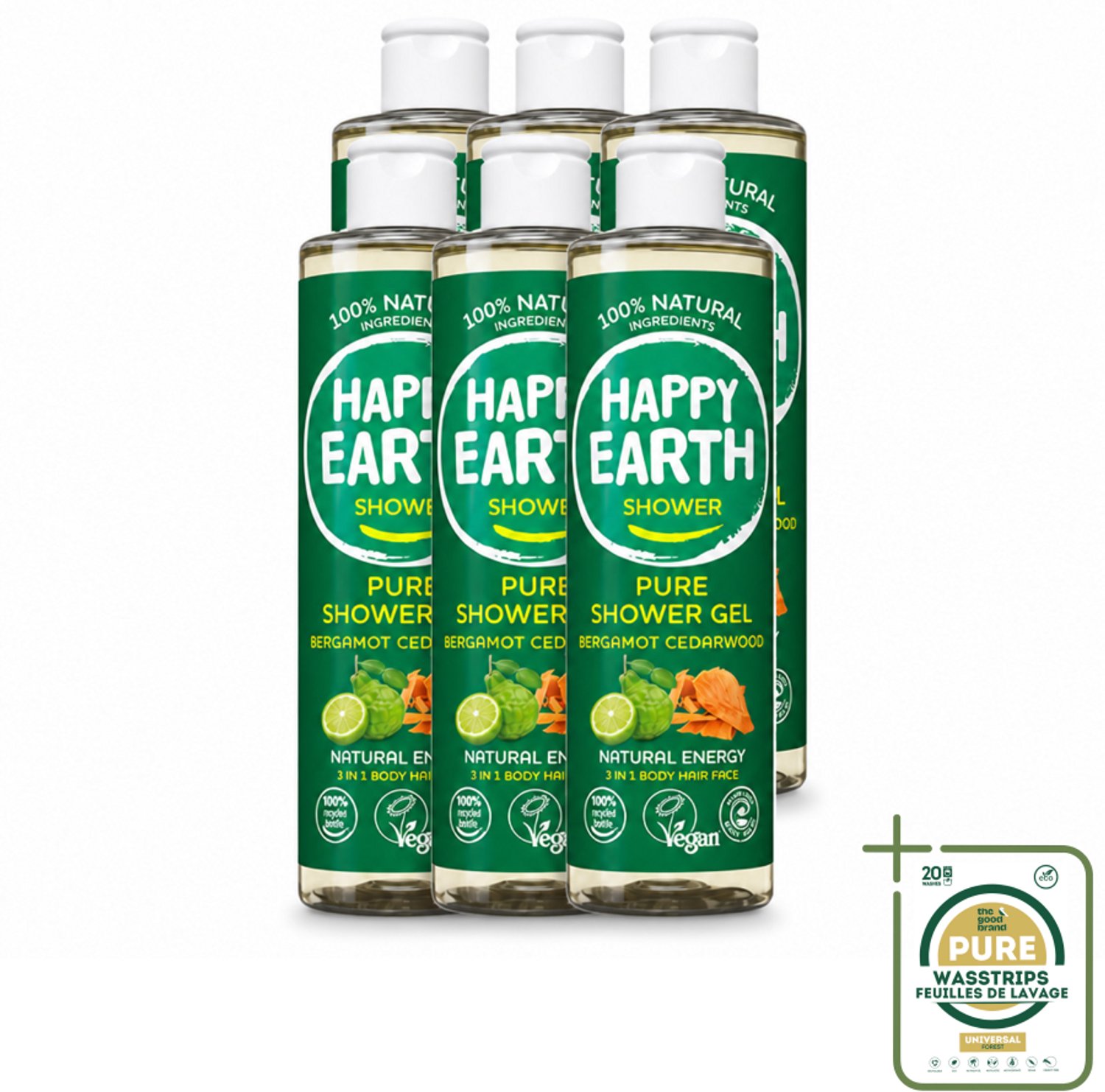 6 x Happy Earth – Douchegel – 100% Natuurlijk Bergamot Cedarwood – 300 ml - Wasstrips - Douchegel Bergamot Cederhout - Natuurlijke Douchegel - Vegan Douchegel - Dierproefvrije Douchegel - Biologische Douchegel
