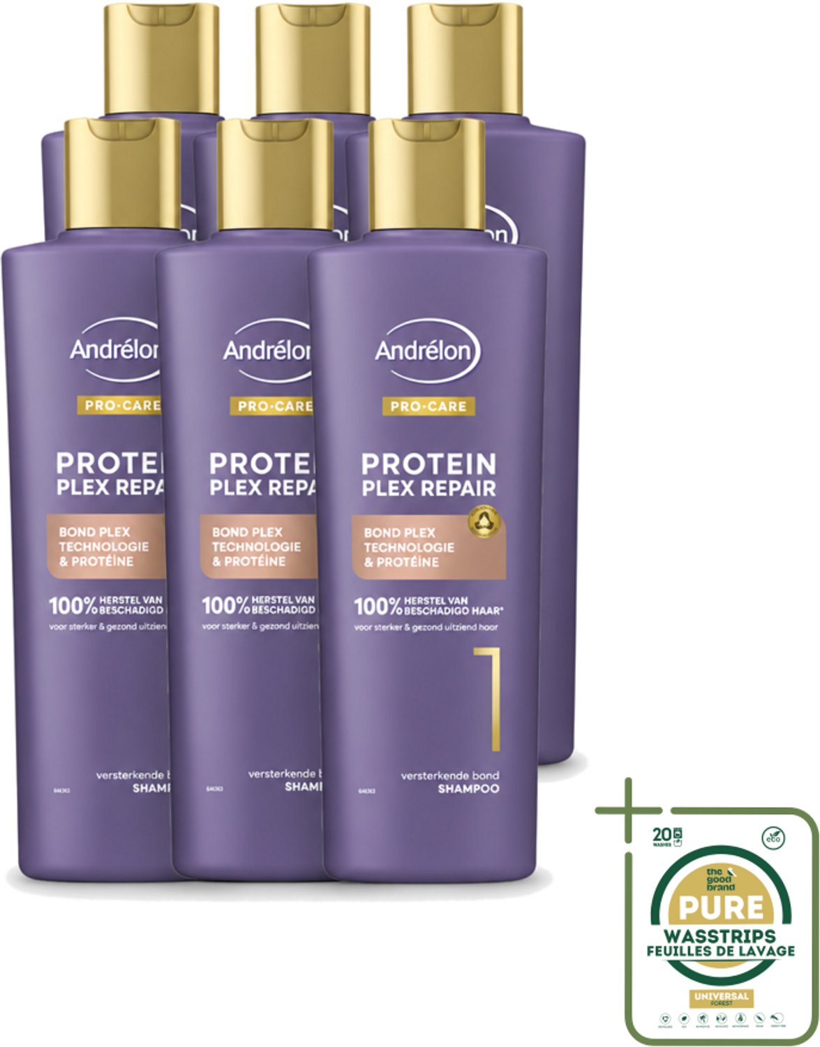 6 x Andrélon – Shampoo – Pro Care Protein Plex Repair – 250 ml - Wasstrips - Haarverzorging - Beschadigd Haar - Haar Herstellen - Proteïne Shampoo - Haarstructuur