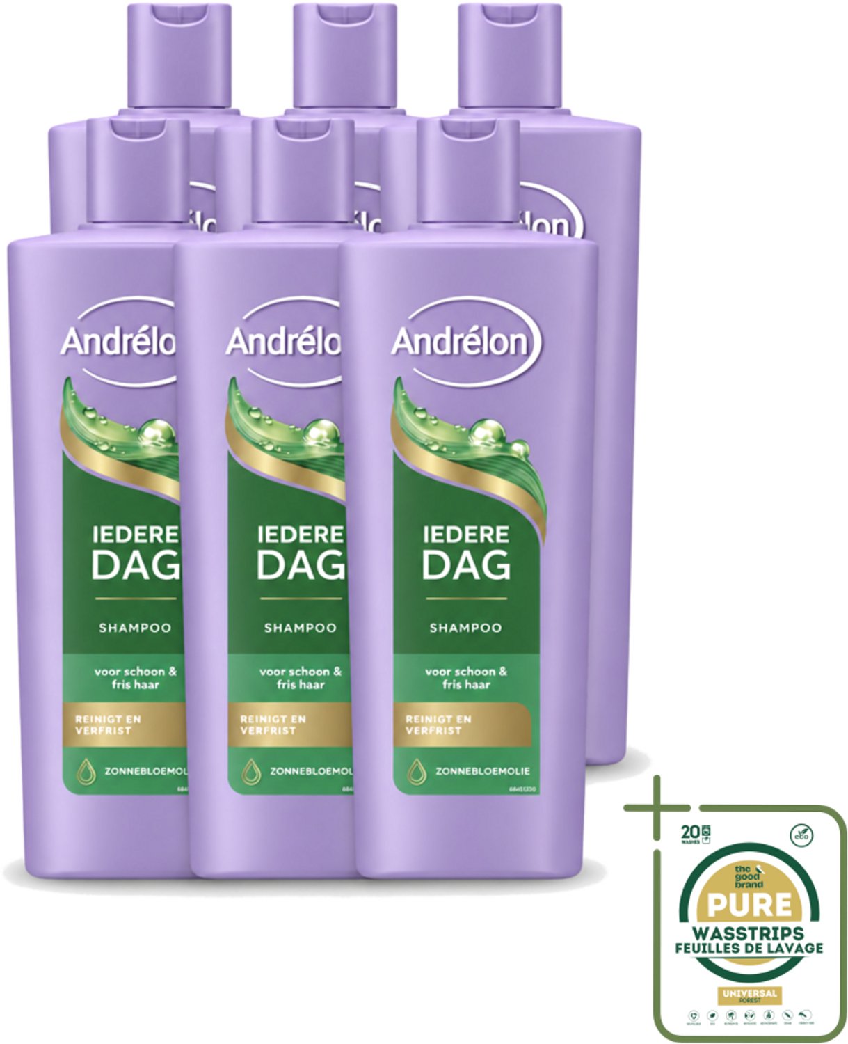 6 x Andrélon – Shampoo – Iedere Dag – 400 ml - Wasstrips - Haarkleur - Haarverzorging - Shampoo - Dagelijks Wassen - Zonnebloemolie