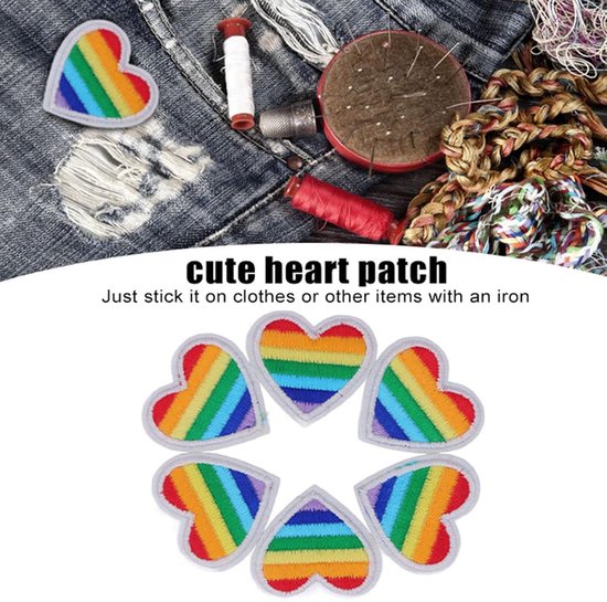 6 Stuks Regenboog Hart Patches met Zwarte Rand, Strijkbare DIY Hartvormige Geborduurde Patches voor Naaien Kleding Reparatie Tassen Hoeden Kinderen Meisjes Knutsel Decoraties (Witte Rand) — afbeelding 2