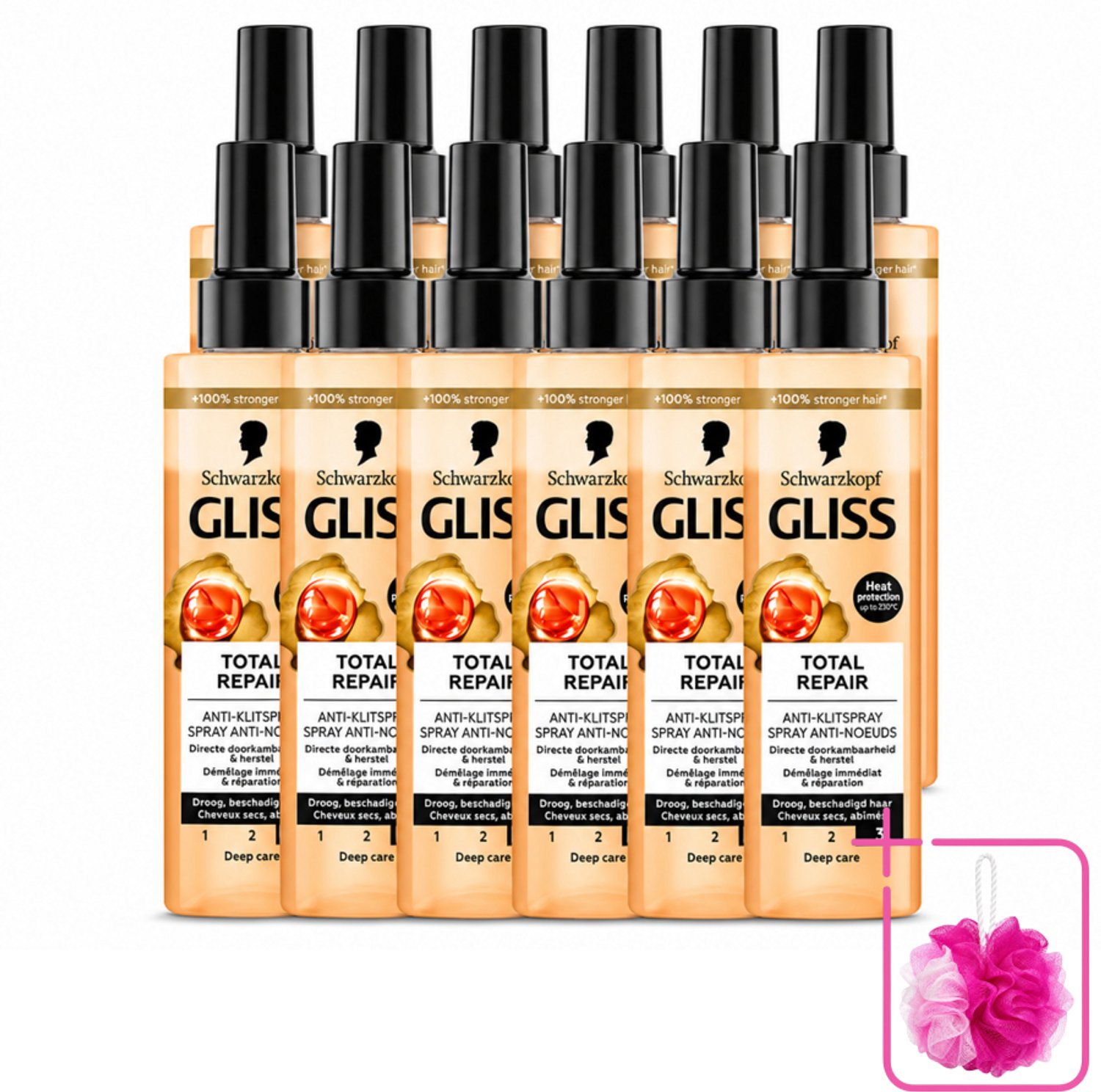 12 x Gliss - Total Repair Anti-Klit Spray - Voor Beschadigd en Droog Haar - 200 ml - Bulkverpakking - Haarkleur - Douchemop - Haarherstel