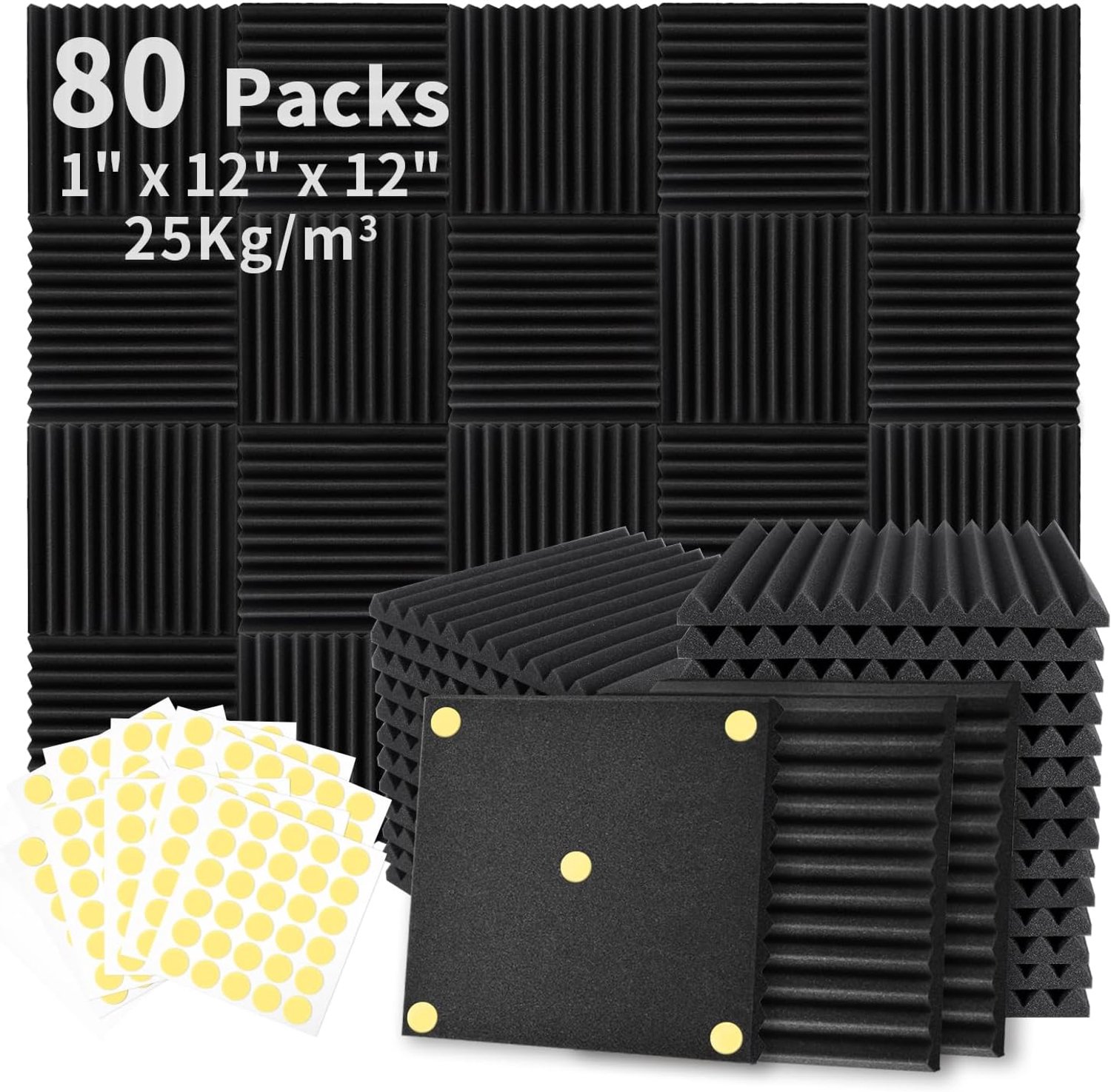 Focusound 80 stuks akoestische schuimpanelen 2,5 x 30 x 30 cm, geluidswerende schuimpanelen voor geluidsisolatie, geluidsreducerende wigpanelen voor thuiskantoor, opnamestudio met 420 stuks