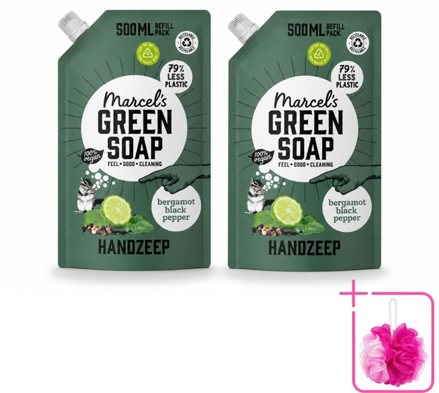 2 x Marcel's Green Soap - Handzeep - Bergamot & Black Pepper - Natuurlijke verzorging - 500 ml - Bulkverpakking - Handzeep navulling - Douchemop - Biologisch afbreekbaar