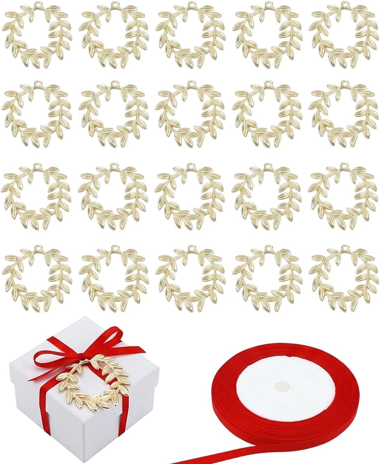 Laurierkrans, 20 stuks, gouden afstudeerhangers met rood polyester band, authentiek academie-symbool voor feestelijke ceremonies en doe-het-zelf afwerking