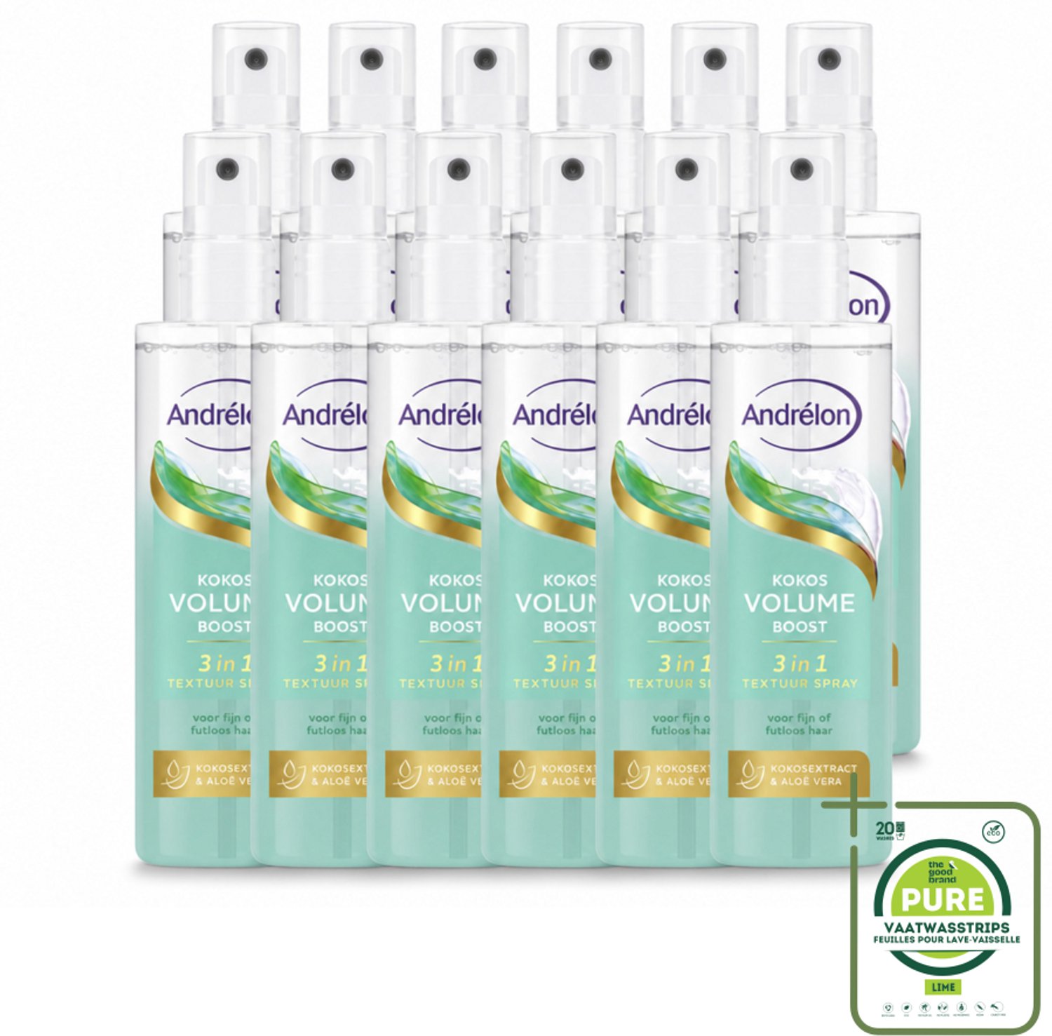 12 x Andrélon – Textuur Spray 3-in-1 – Kokos Volume Boost – 150 ml - Grootverpakking - Vaatwasstrips - Haar Volume - Haar Structuur - Haar Glans - Textuur Spray - Kokos Volume