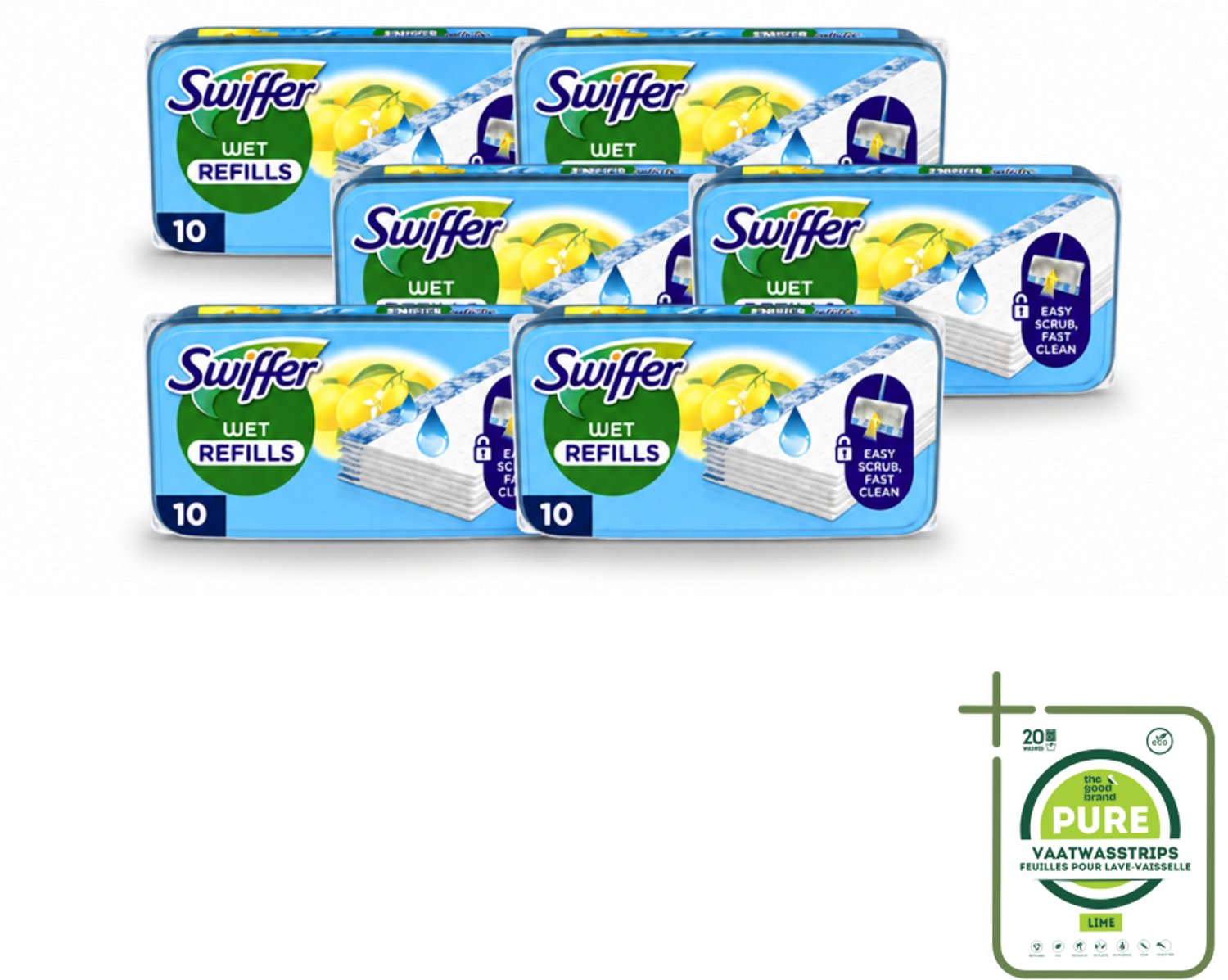 6 x Swiffer - Vloerdoekjes – Citrus Fresh – 10 doekjes - Grootverpakking - Vaatwasstrips - Vloerdoekjes Navullingen - Schoonmaak Doekjes - Citroengeur - Schrobdoekjes - Vuil Oplossen