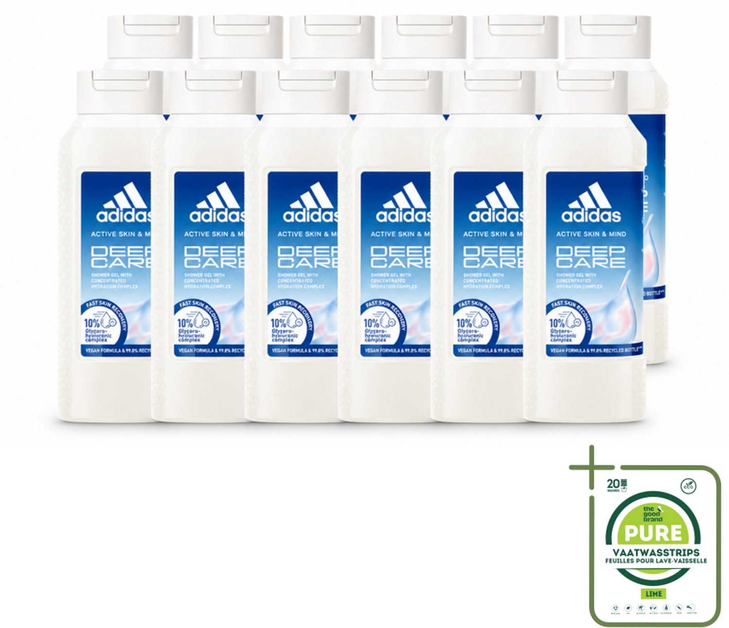 12 x Adidas – Douchegel – Active Skin & Mind Deep Care – 250 ml - Grootverpakking - Vaatwasstrips - Hydratatie Na Sport - Huid Verzorging - Douchegel - Actieve Huid - Vegan Douchegel