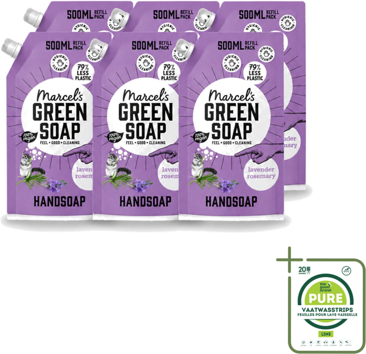 6 x Marcel’s Green Soap – Handzeep Navulling – Lavendel & Rozemarijn – 500 ml - Grootverpakking - Vaatwasstrips - Handzeep - Natuurlijke Handzeep - Plantaardige Handzeep - Lavendel Handzeep - Rozemarijn Handzeep