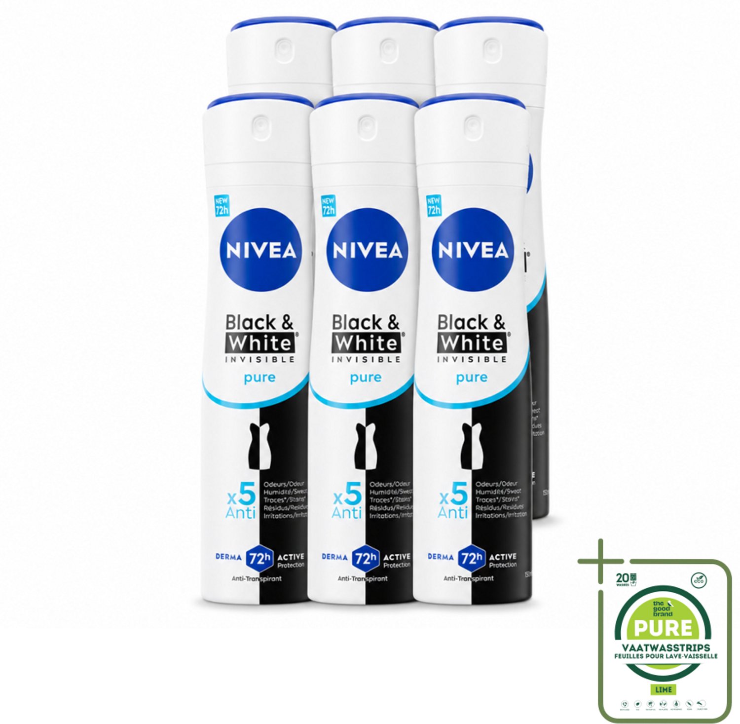 6 x NIVEA – Deodorant Spray – Black & White Invisible Pure – 150 ml - Grootverpakking - Deodorant Spray - Onzichtbare Deodorant - Anti-vlek Deodorant - Huidvriendelijke Deodorant - 48 Uur Bescherming