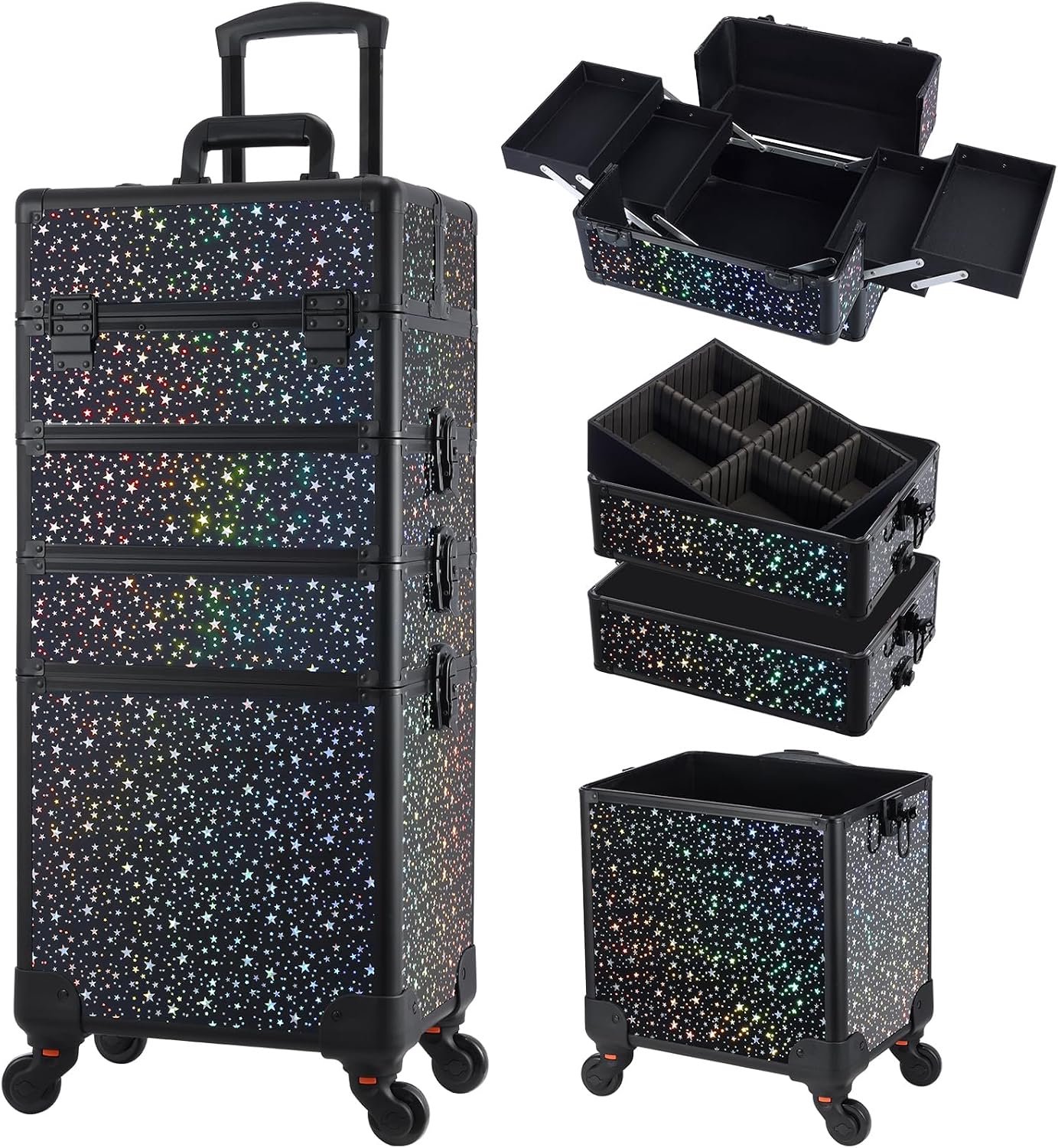 Stagiant Rollende make-up trein koffer grote opslag cosmetische trolley 4 in 1 grote capaciteit trolley make-up reiskoffer met sleutel draaibare wielen salon kapper koffer reizen kar kofferbak