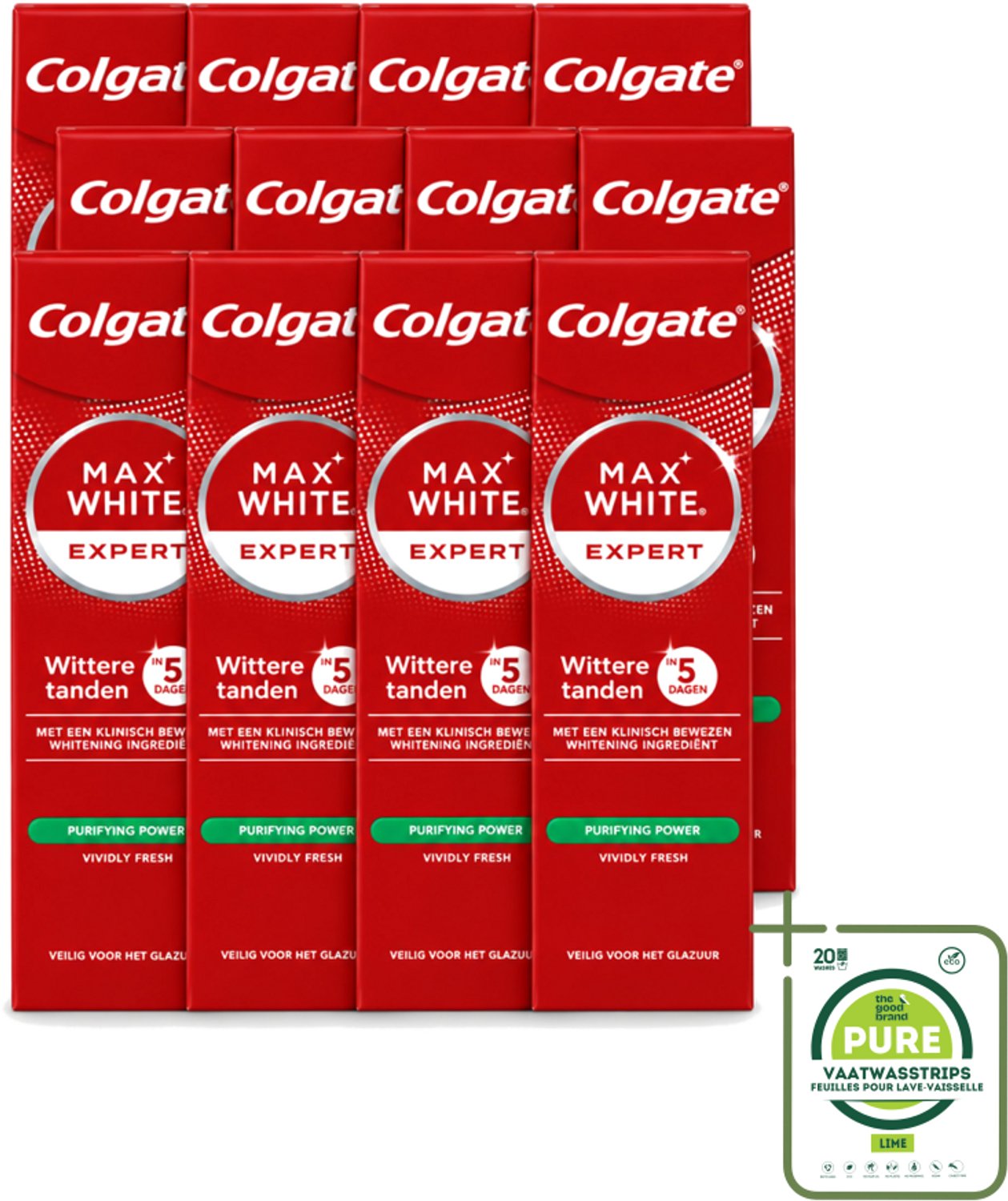 12 x Colgate – Max White Expert Purifying Power – Tandpasta – 75 ml - Grootverpakking - Vaatwasstrips - Tandpasta - Witte Tanden - Glimlach Verhelderen - Waterstofperoxide - Koffie En Thee Vlekken