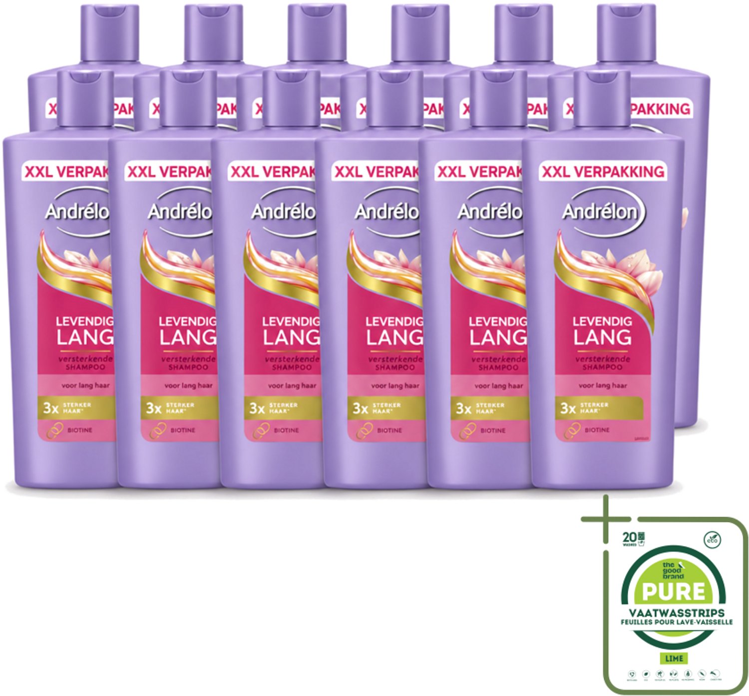 12 x Andrélon – Shampoo – Levendig Lang – 685 ml - Grootverpakking - Lang Haar Verzorging - Biotine Shampoo - Sterk Haar - Gezond Haar - Haarschade