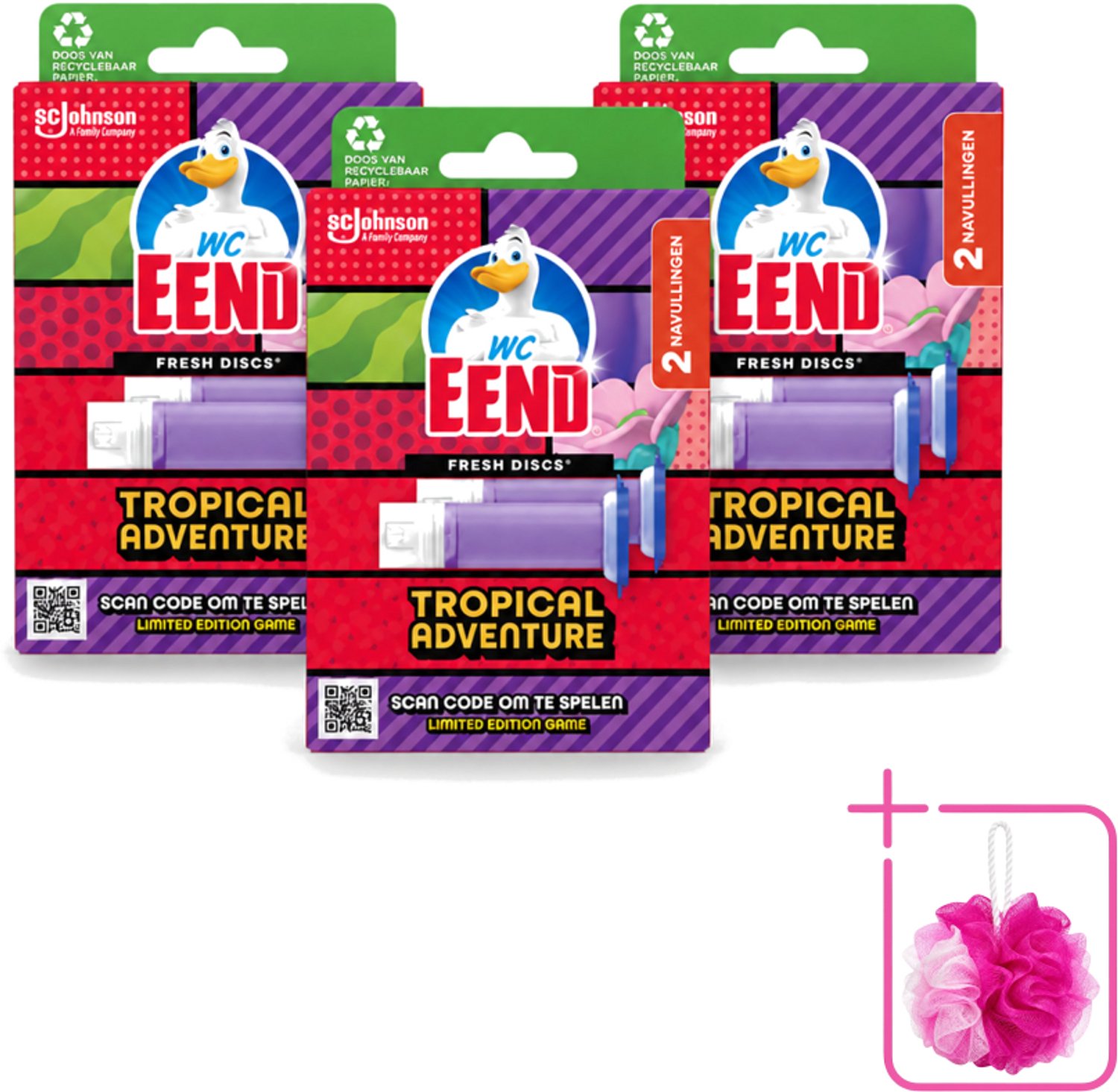 3 x WC Eend – Fresh Discs – Duo Navulling – Tropical Adventure – 72 ml - Bulkverpakking - Toilet reinigen - Douchemop - Toilet geur