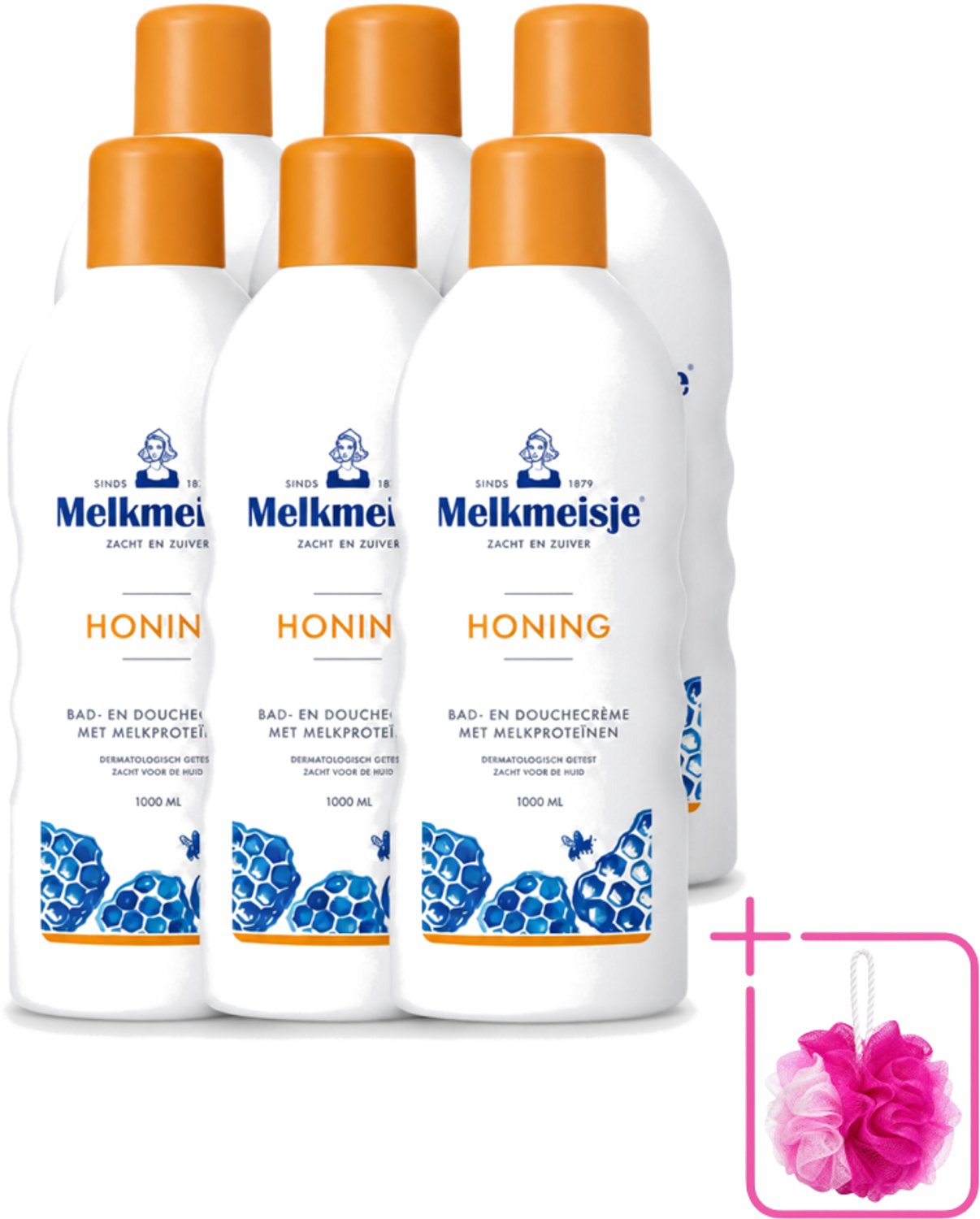 6 x Melkmeisje – Bad & Douche – Honing – 1000 ml - Bulkverpakking - Bad en douche crème - Douchemop - Honing crème