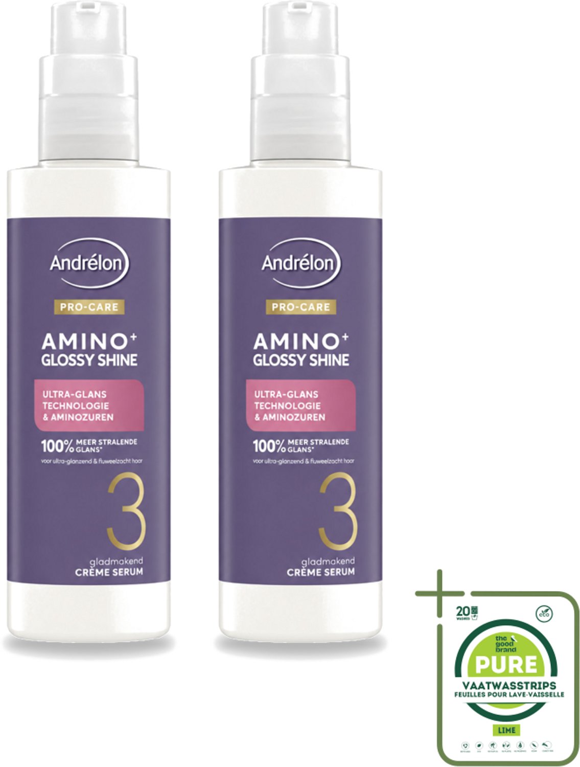 2 x Andrélon – Crème Serum – Pro Care Amino+ Glossy Shine – 200 ml - Grootverpakking - Vaatwasstrips - Glans Haar - Glad Haar - Stralend Haar - Aminozuren Haar - Haar Verzorging