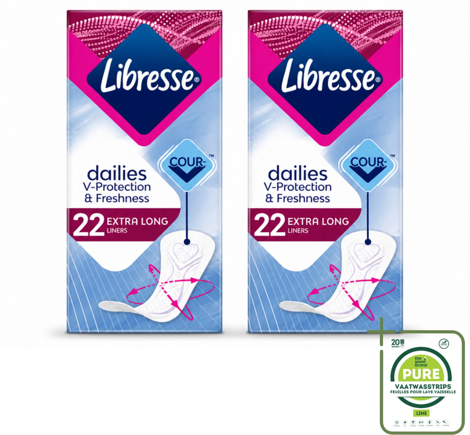 2 x Libresse – Inlegkruisjes – Extra Long – Langdurige bescherming – 22 Inlegkruisjes - Grootverpakking - Vaatwasstrips - Inlegkruisjes - Extra Lang - Bescherming - Comfort - Absorberend